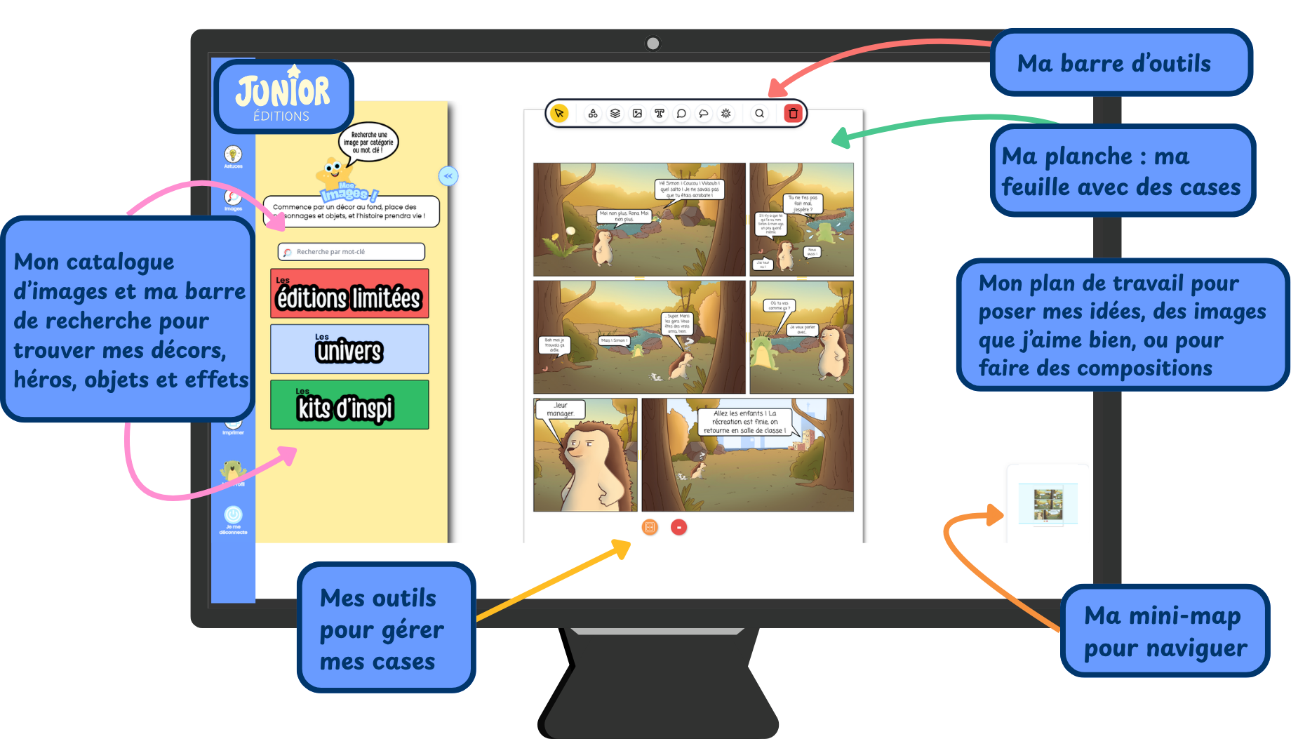 Aperçu des outils de création BD Junior Éditions depuis la plateforme de création : des bulles de dialogue, images de décors et personnages, la mini-map pour naviguer et un grand plan de travail avec une prise en main simple pour les enfants.