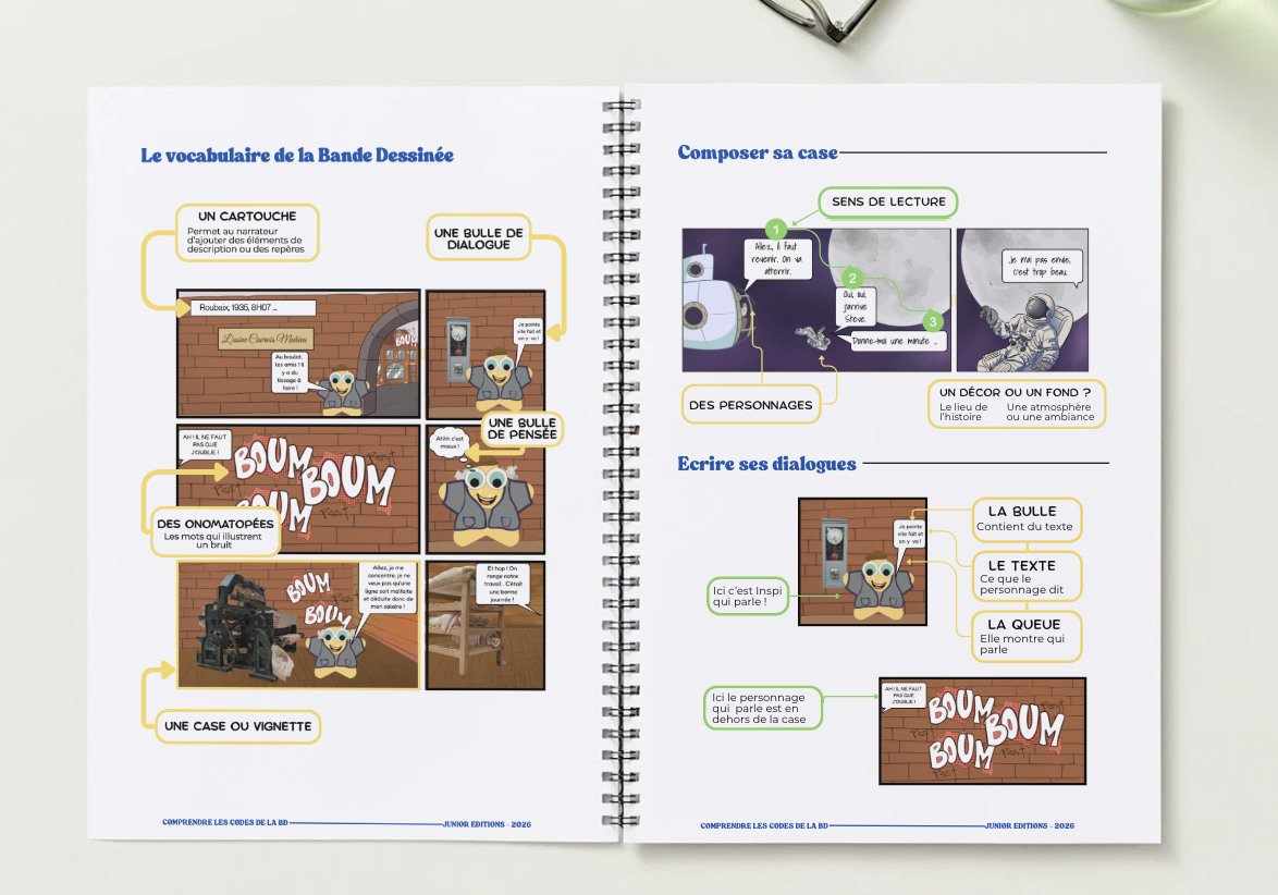 Page d'un guide pédagogique illustré expliquant le vocabulaire de la bande dessinée avec exemples visuels et textes, comprenant une feuille de notes, des images de personnages et de bulles de dialogue.