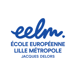 Logo de l'École Européenne Lille Métropole, Jacques Delors, avec le texte en bleu.