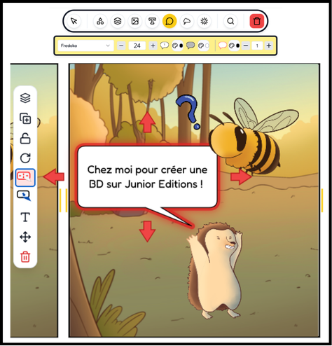 A comic book scene from the Junior Editions software featuring a hedgehog and a bee friend flying nearby. The Hedgehog says in a speech bubble, "To Junior Editions to create a story." An image editing bar with graphic design tools is on the left.
