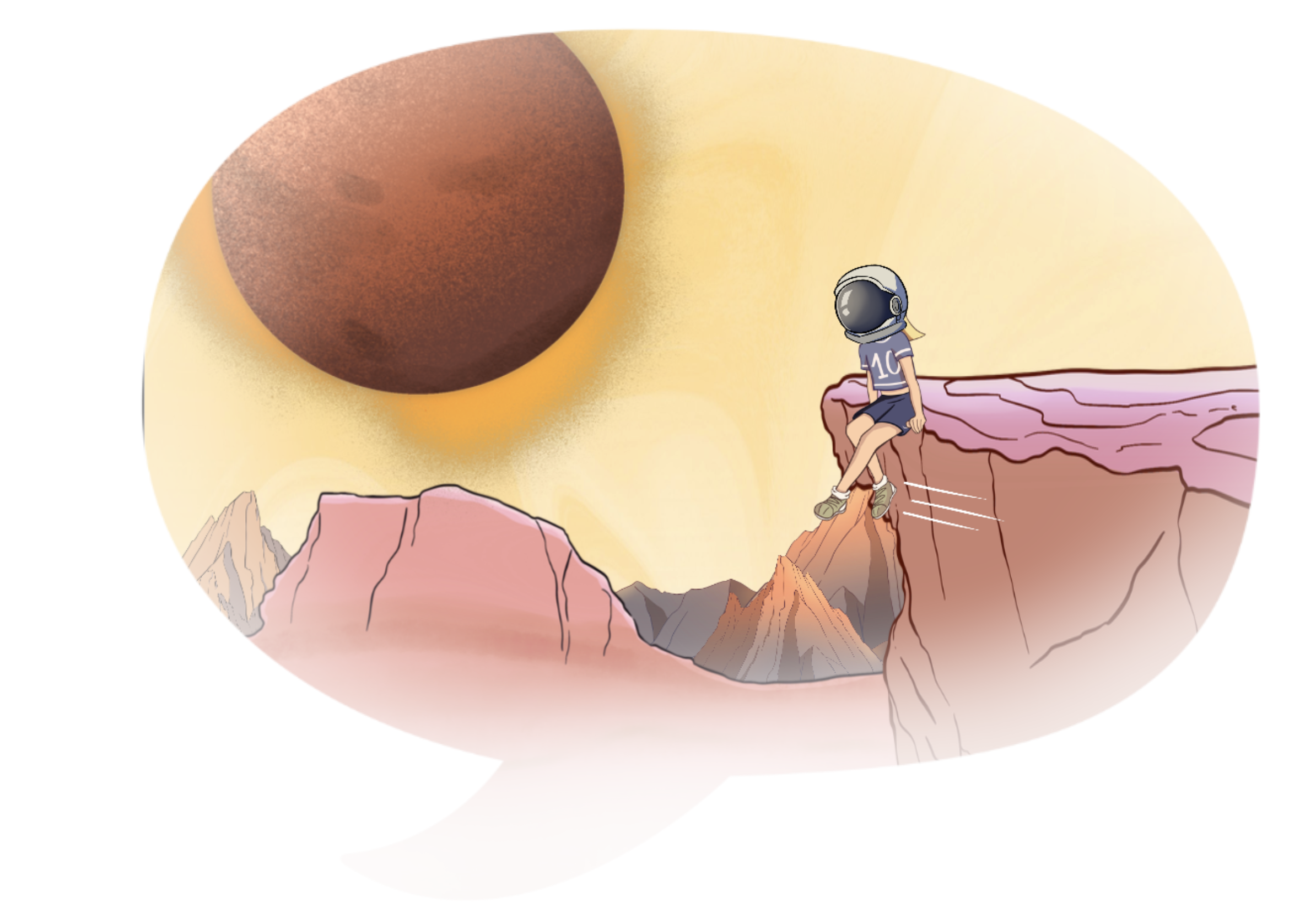 Une illustration d'une BD : style dessin animé science fiction d'une personne avec un casque d'astronaute assise sur un rocher dans un paysage montagneux avec un ciel jaune et une grande planète rouge à l'arrière-plan.