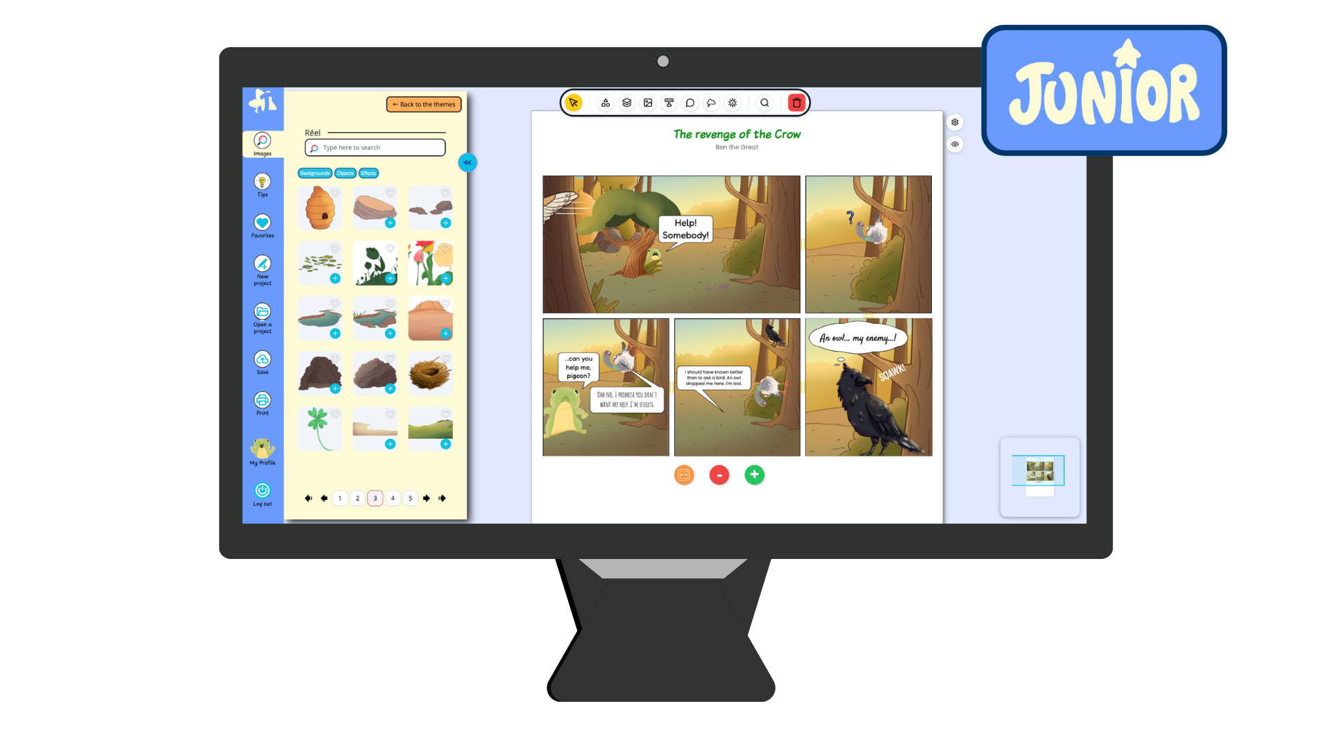 A standard desktop computer monitor featuring the platform Junior Editions with a comic book project on the screen and the illustration library open on the left-hand side, displaying a selection of images for a child to choose from for creations.