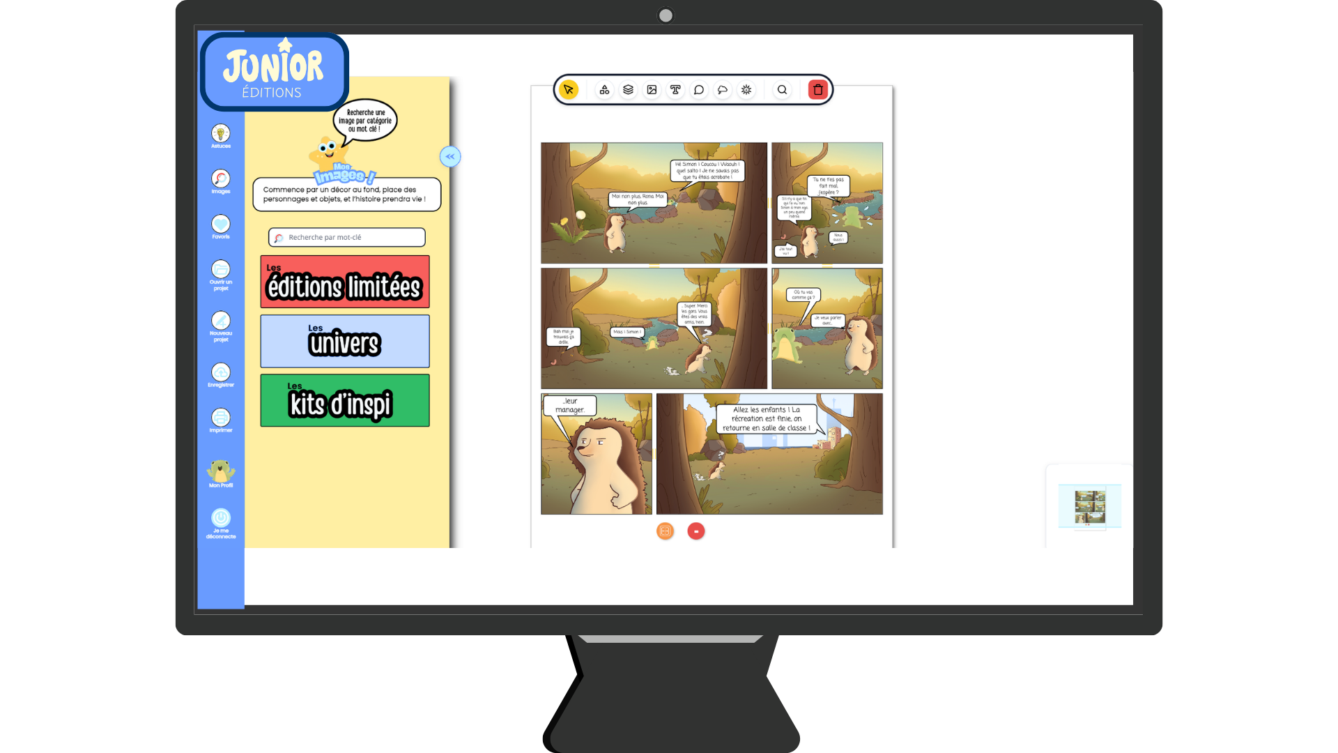 Capture d'écran d'un logiciel de création de bande dessinée pour enfants, montrant une page avec des options de menu latérales, un espace de création central avec une bande dessinée en cours, et divers outils de modification en haut de l'écran.