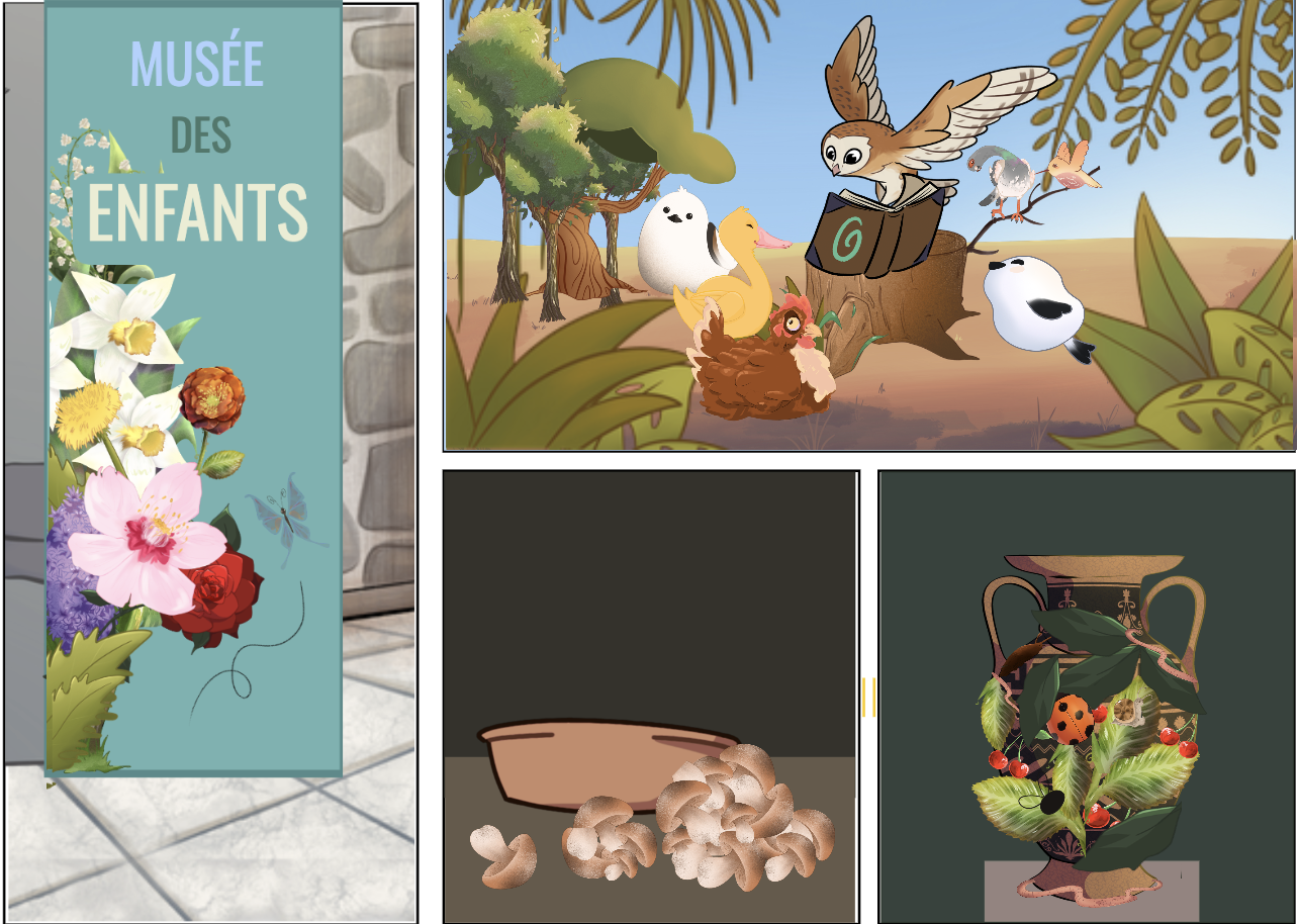 Une affiche du musée des enfants avec des reproductions d'oeuvres du musée : fleurs colorées, une image d'animaux de ferme et de la nature, une coupe avec des champignons, et une jarre décorative contenant des fruits, un insecte et une feuille.