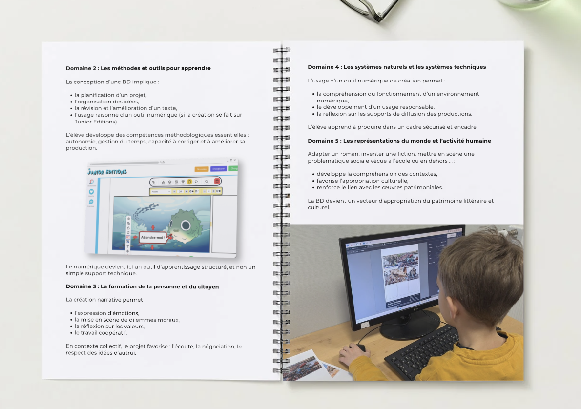 Page d'un guide pédagogique ouvert avec du texte et une image d'un enfant utilisant un ordinateur