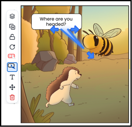 A comic book scene from the Junior Editions software featuring a hedgehog and a bee friend flying nearby, asking the question in a speech bubble, "Where are you headed?" An image editing bar with graphic design tools is on the left.