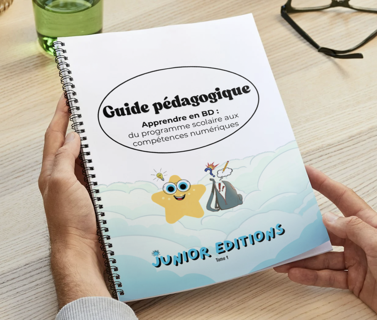 Livre blanc "Guide Pédagogique" tenu en main : support pour enseigner les compétences numériques scolaires par la bande dessinée.