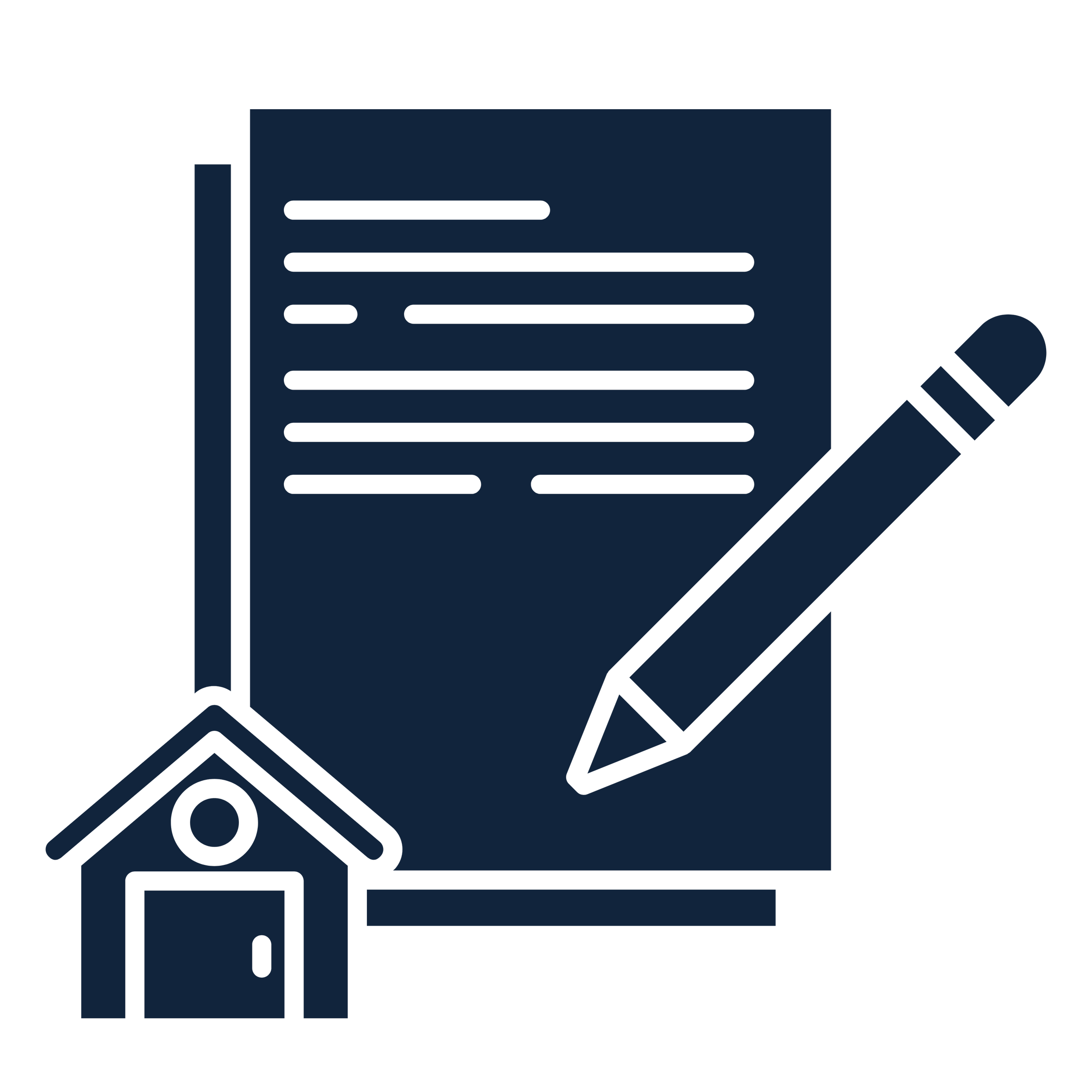 A stylized illustration of a piece of paper and a home symbolizing estate planning services.