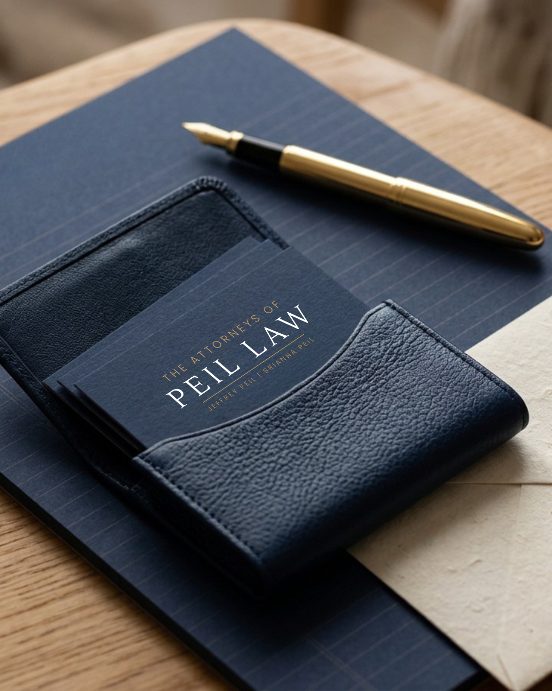Business notebook, a brochure for 'The Attorneys of Peil Law,' a gold pen, and a piece of paper on a wooden desk.