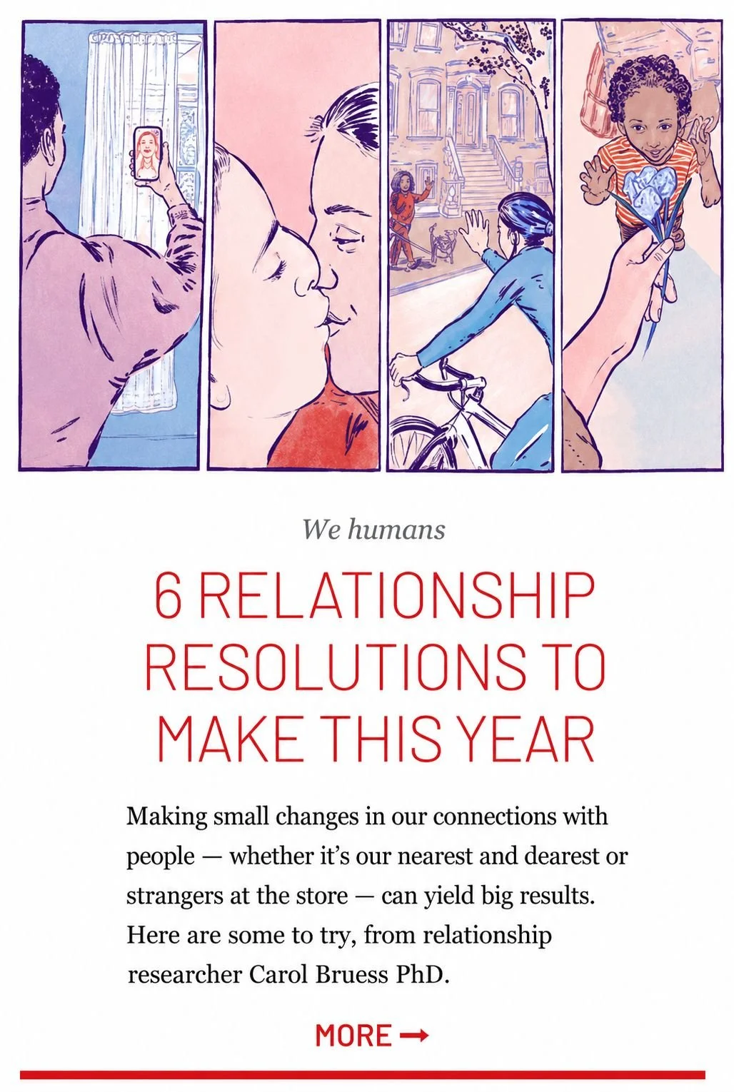 An illustrated infographic titled '6 Relationship Resolutions to Make This Year' depicting four scenes: a person taking a selfie, a couple kissing, a person waving from a bicycle, and a child being handed a heart-shaped craft. The text emphasizes mak