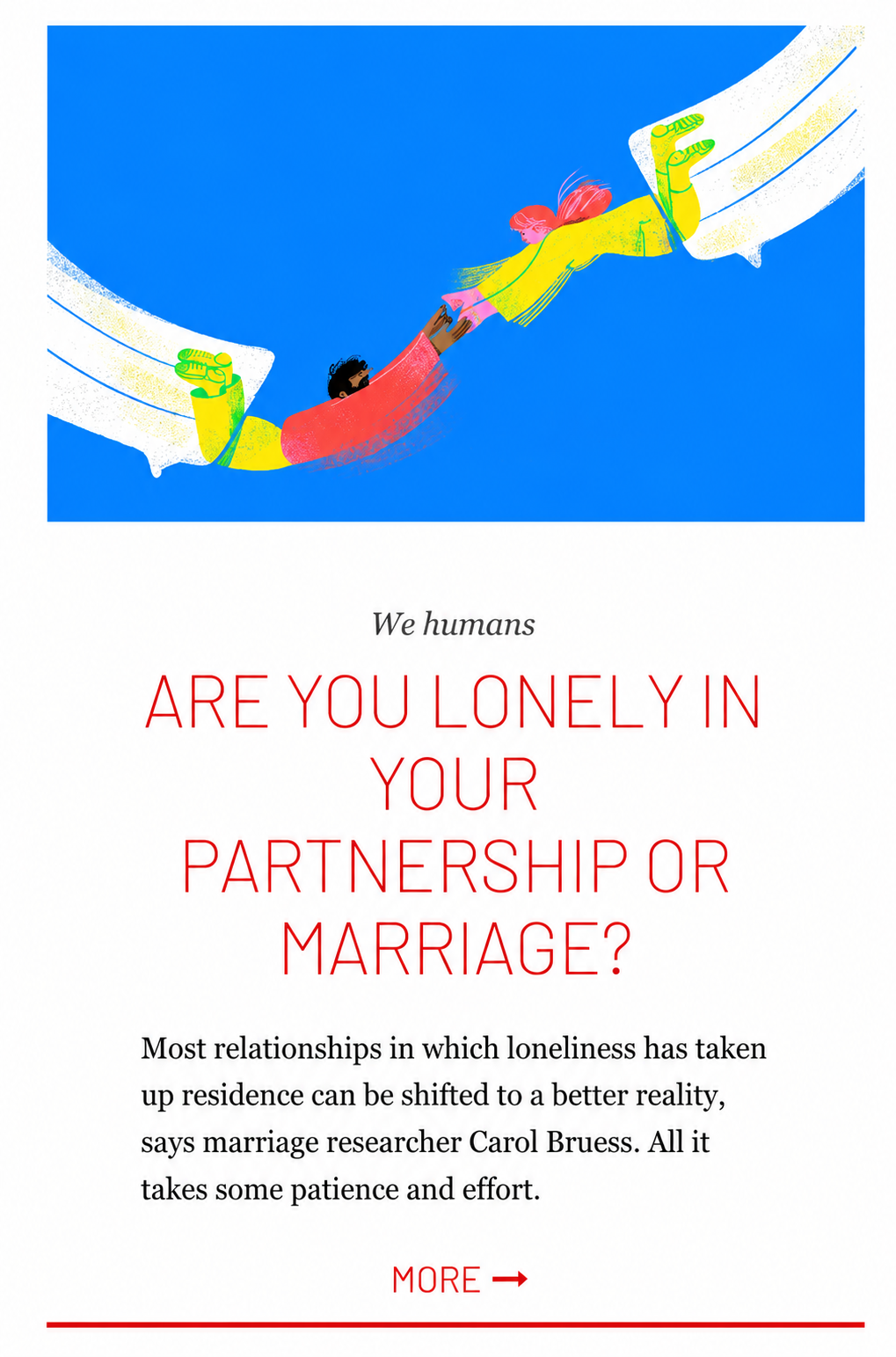 An illustrated image shows two hands reaching out to hold each other against a blue background. Below it, there is text asking whether humans are lonely in their partnership or marriage, along with a short explanation about relationships and loneline
