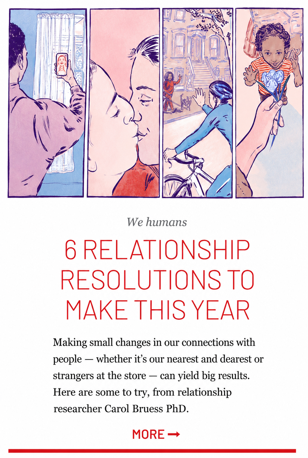 An illustrated infographic titled '6 Relationship Resolutions to Make This Year' depicting four scenes: a person taking a selfie, a couple kissing, a person waving from a bicycle, and a child being handed a heart-shaped craft. The text emphasizes mak