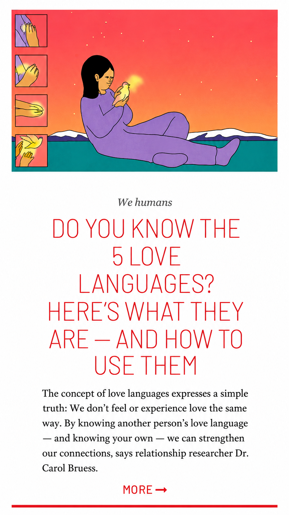 Digital illustration of a woman in purple pajamas sitting outdoors with a sunset and mountains in the background, holding a small glowing yellow bird. Four step-by-step panels show her gently holding and interacting with the bird, ending with her rel