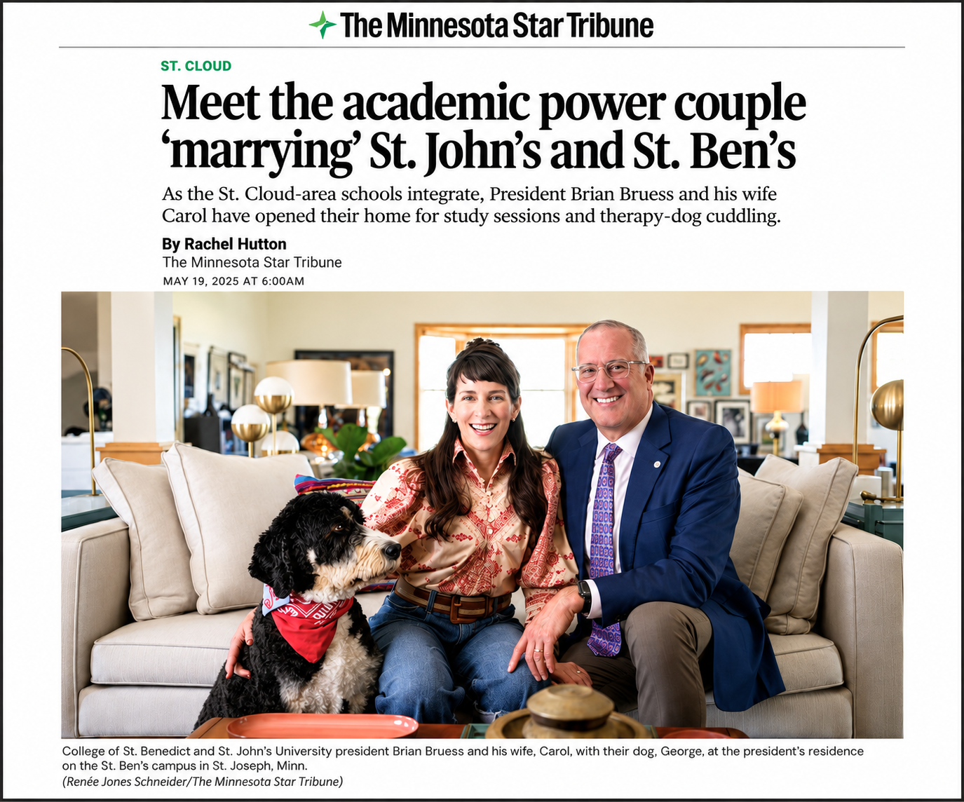 Carol and Brian Bruess sitting on a couch with a dog, all smiling, inside a well-lit living room with framed pictures and lamps in the background for the Minnesota Star Tribune.