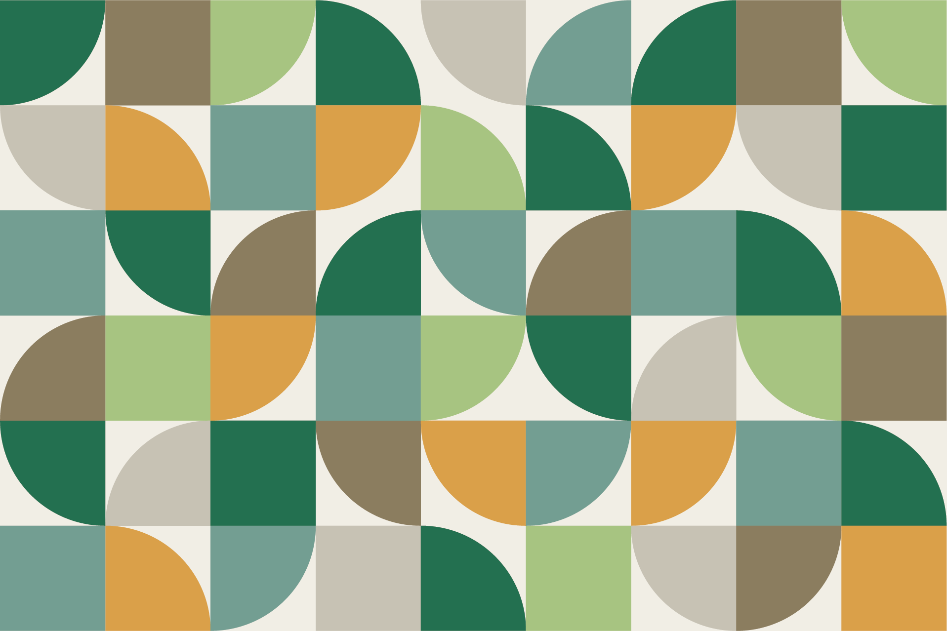 A geometric pattern made up of various squares and semi-circles in shades of green, beige, and mustard yellow.