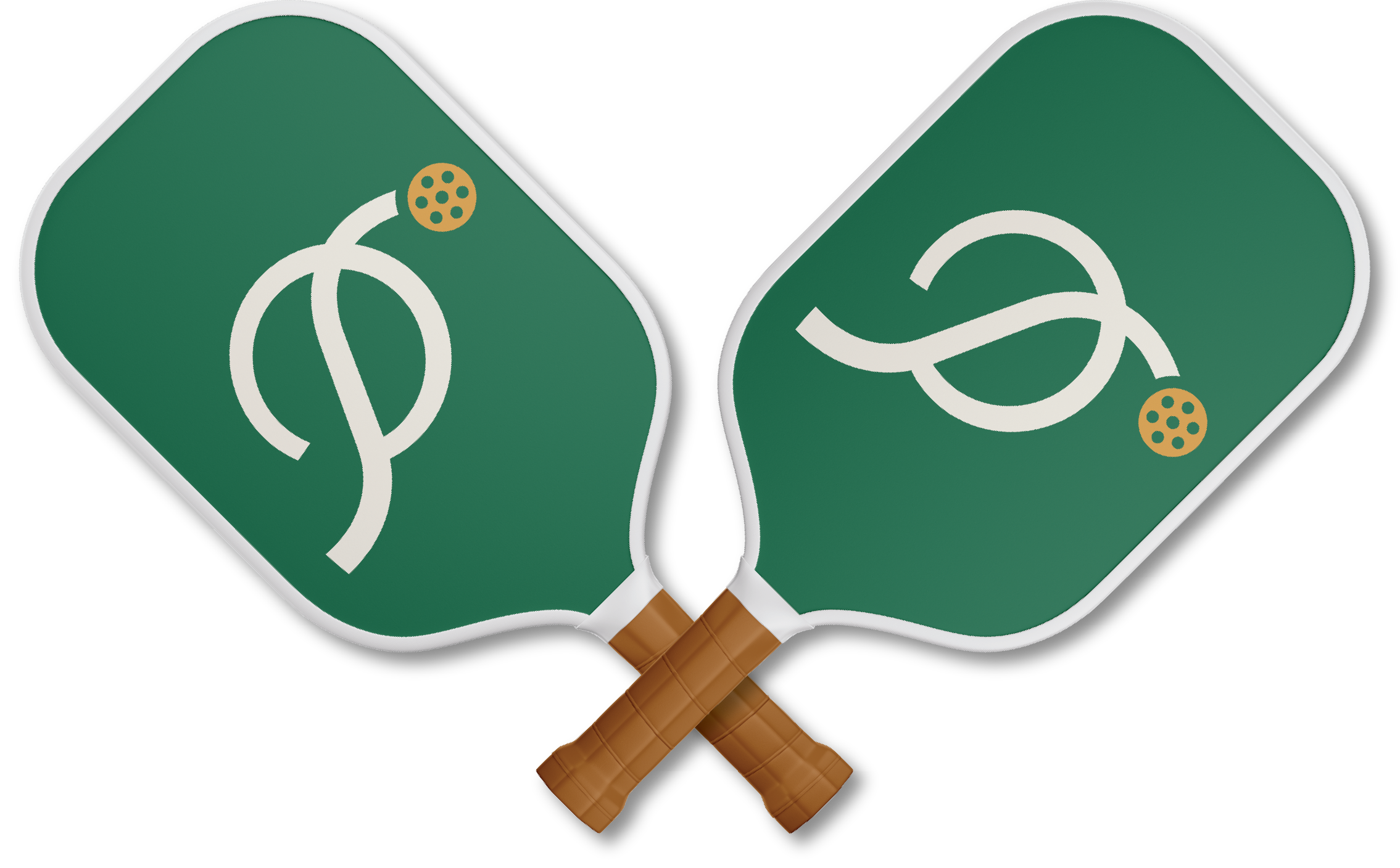 Two green pickleball paddles crossed, with brown handles and yellow dotted circular designs, against a black background.