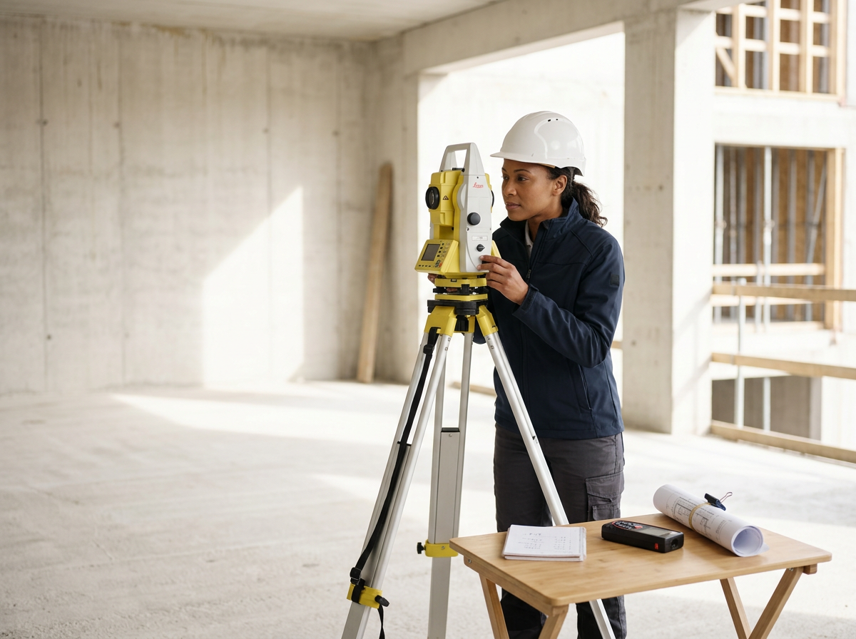 Donna con casco che utilizza uno strumento di misurazione laser in cantiere