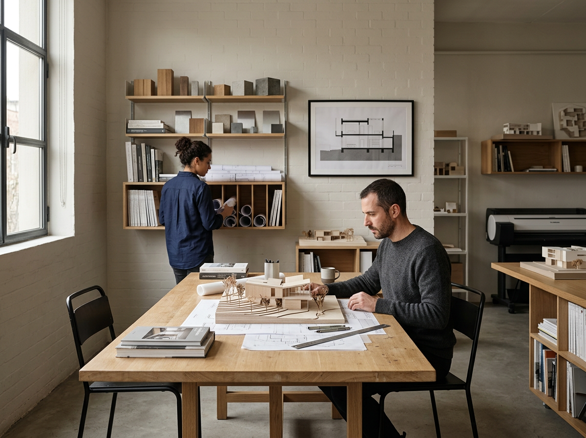 Due persone in un ufficio di design, uno seduto a un tavolo e l'altra in piedi con libri e modelli architettonici.