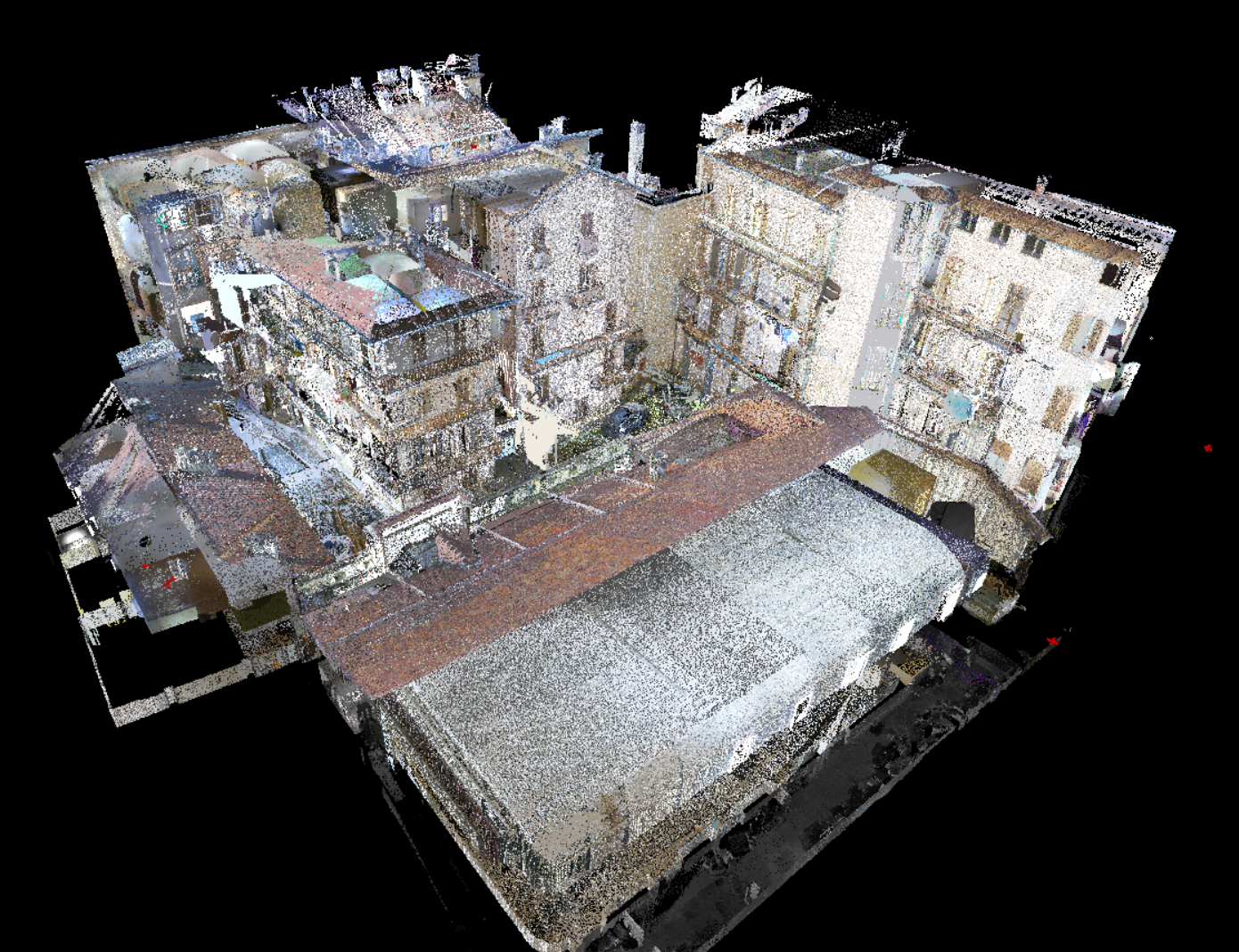 Rappresentazione 3D di un complesso residenziale con più edifici, cortile e aree comuni.