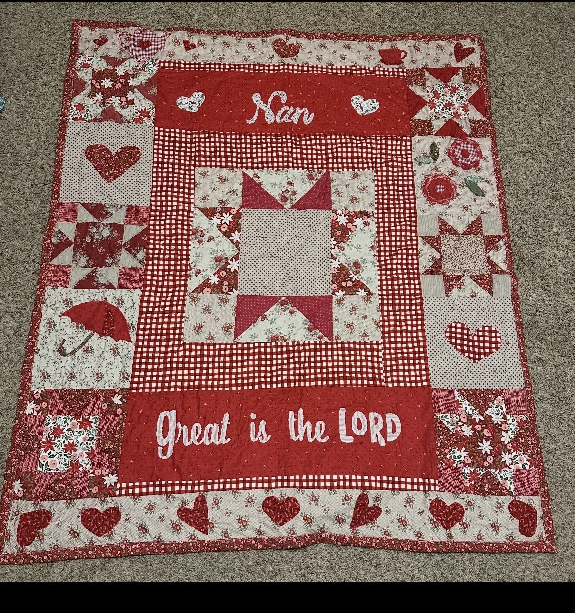 I made this one for my husband's coworker. I love designing shapes and panels with words. Adding stars makes it really fun. I used CHRISTMAS fabric for most of this but you'd never know! Use what you have! (Umbrella, flowers, tea pot and small hearts