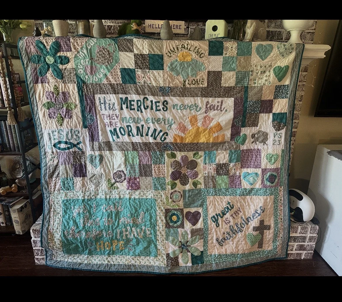 This is a favorite of mine. I love making a huge panel, and building around it. This one has several Bible verses. It sold on etsy but I hope to make myself a similar one some day. Every quilt I make is a one of a kind and I want to teach you to do t