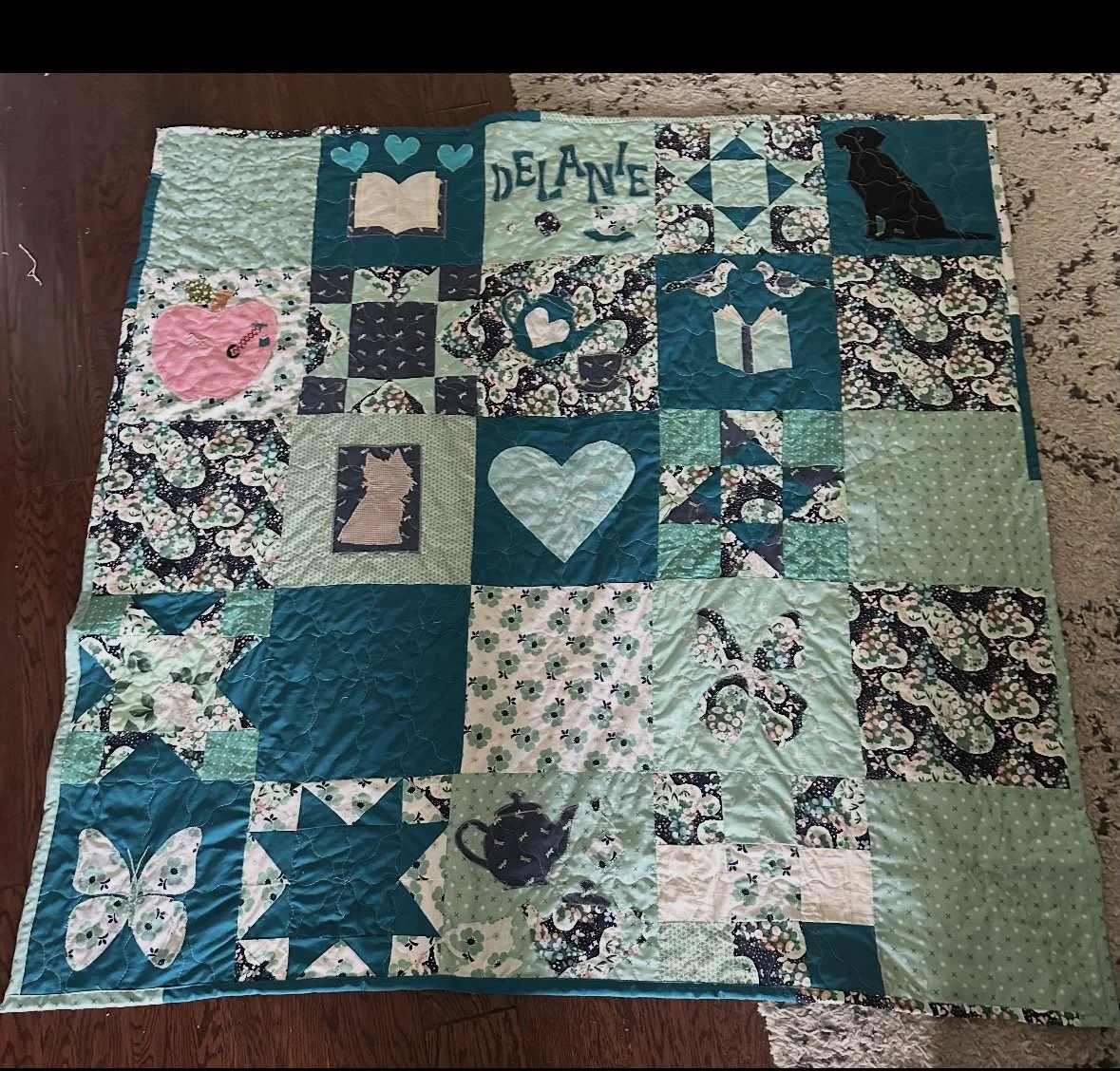 I made this for my friend's daughter with lots of random things that she loves. I used AccuQuilt (butterfly, tea pot, birds) traced a few things and hand drew others. 