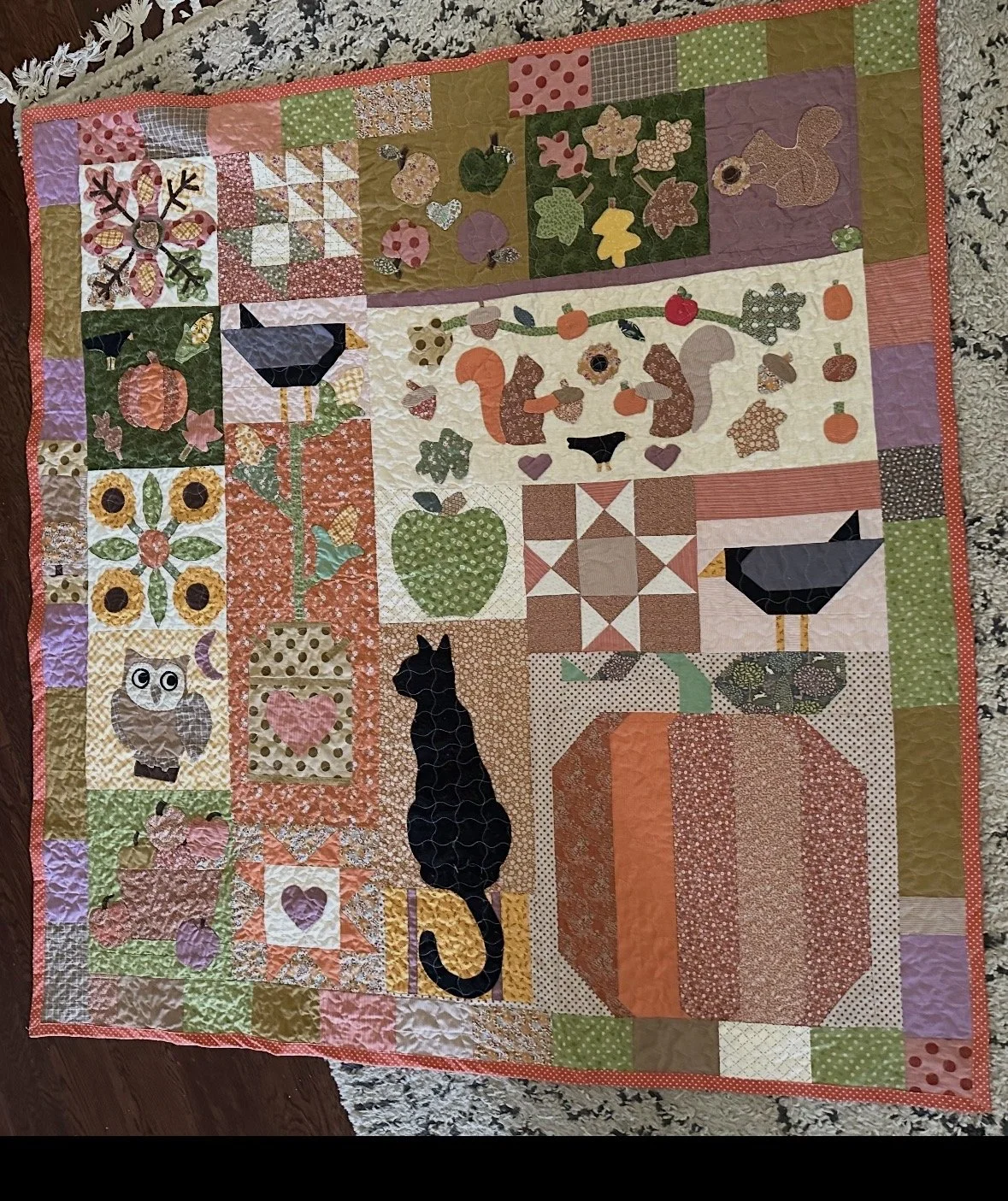 I made this for fall. I used a few templates and pieces from patterns I had on hand. (The top left, sunflowers, pumpkin, corn and and crow were from a pattern, and I used some templates from a couple of others.) I can't make a whole pattern written b