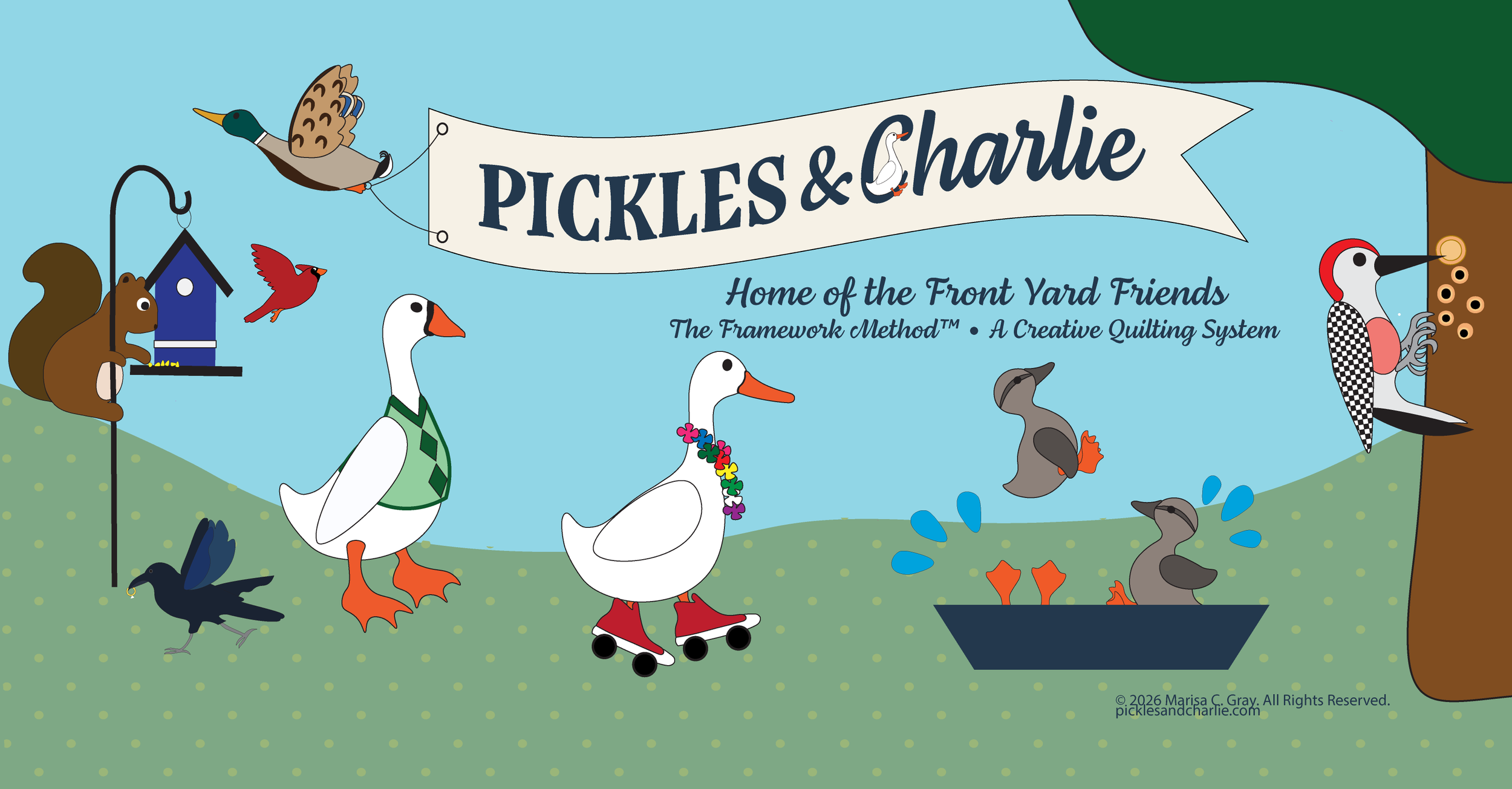 The image features a colorful cartoon scene with various animals and a sign that reads "Pickles & Charlie." There are two cartoon ducks, one on roller skates wearing a flower lei and another with a green vest, along with birds, a squirrel, and mole. A bird is perched on a birdhouse, and a woodpecker is pecking at a tree.