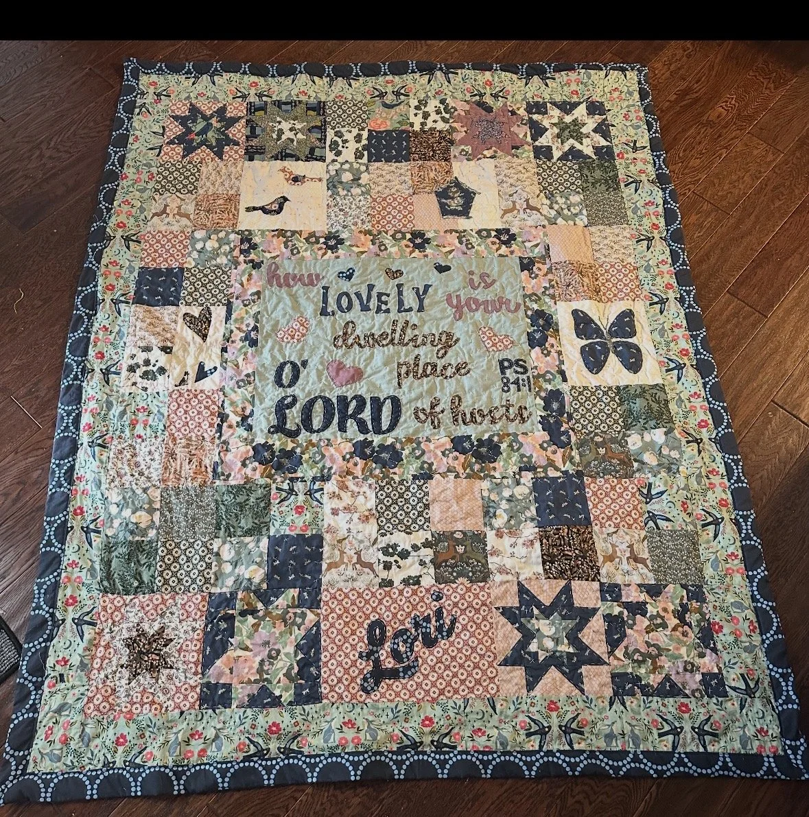 I made this for my mom. The rising stars, butterfly and birds are from AccuQuilt dies. The fabric is AGF and Tilda. 