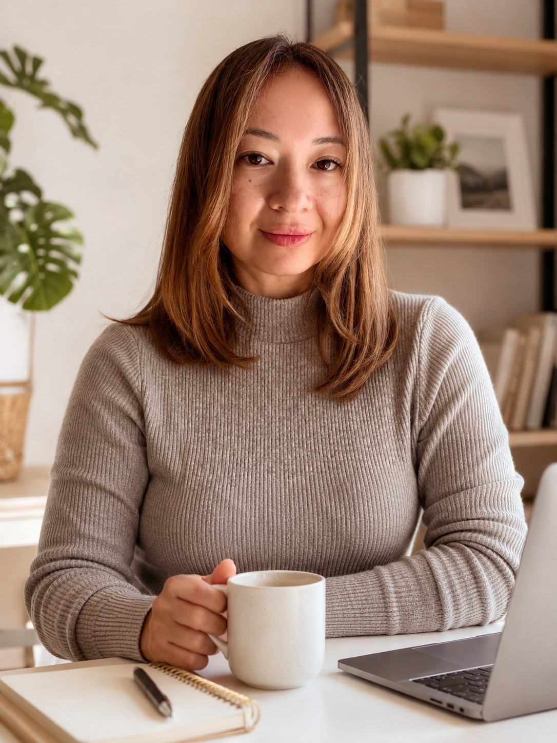 A young woman with shoulder-length light brown hair sitting at a desk with a laptop, a white mug, a pen, and a notebook, in a home office with beige walls, a plant, and framed pictures on shelves.