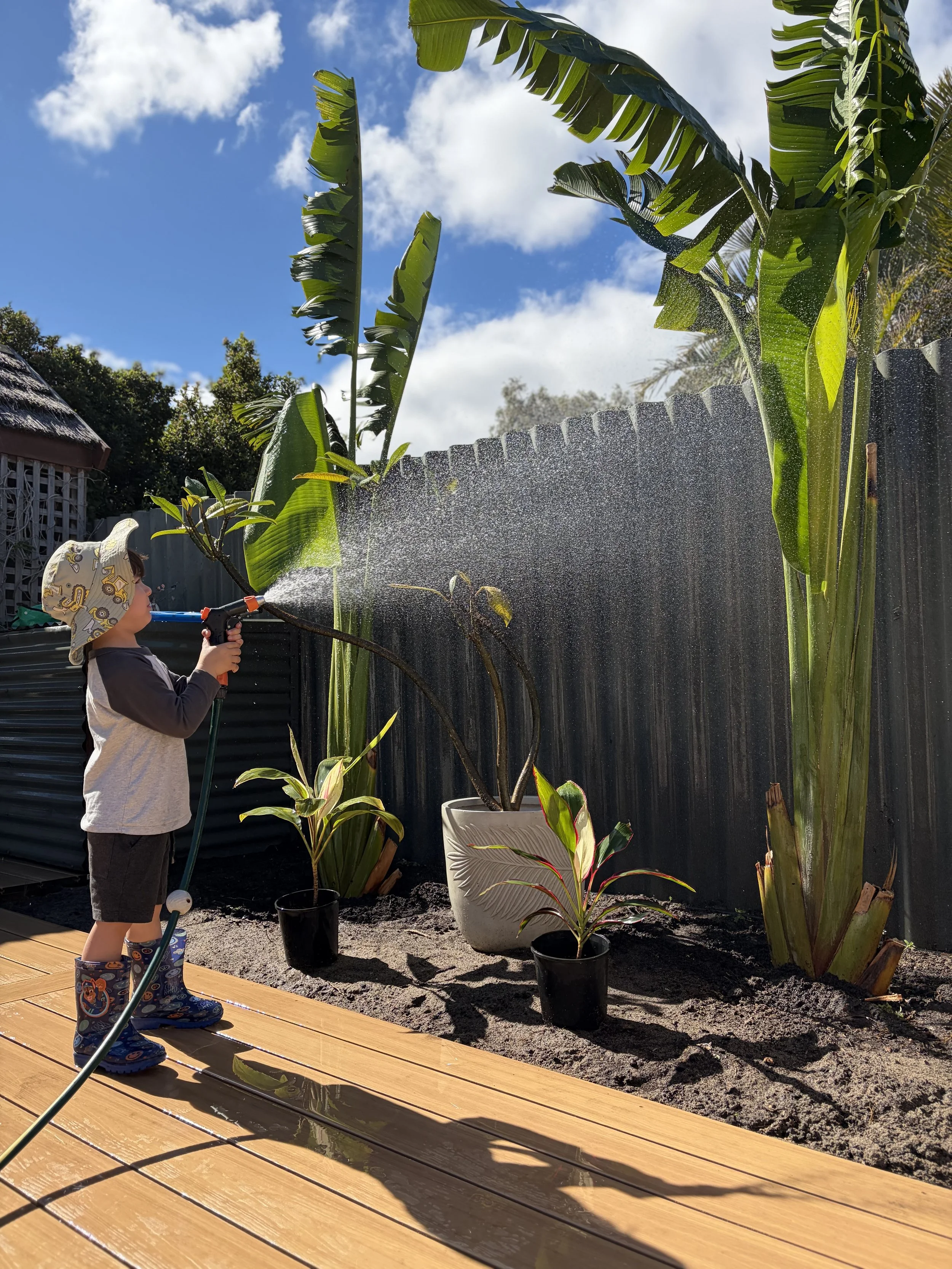 A young child wearing rain boots and a sun hat waters potted plants in a backyard garden with banana trees, a corrugated metal fence, and a wooden deck.