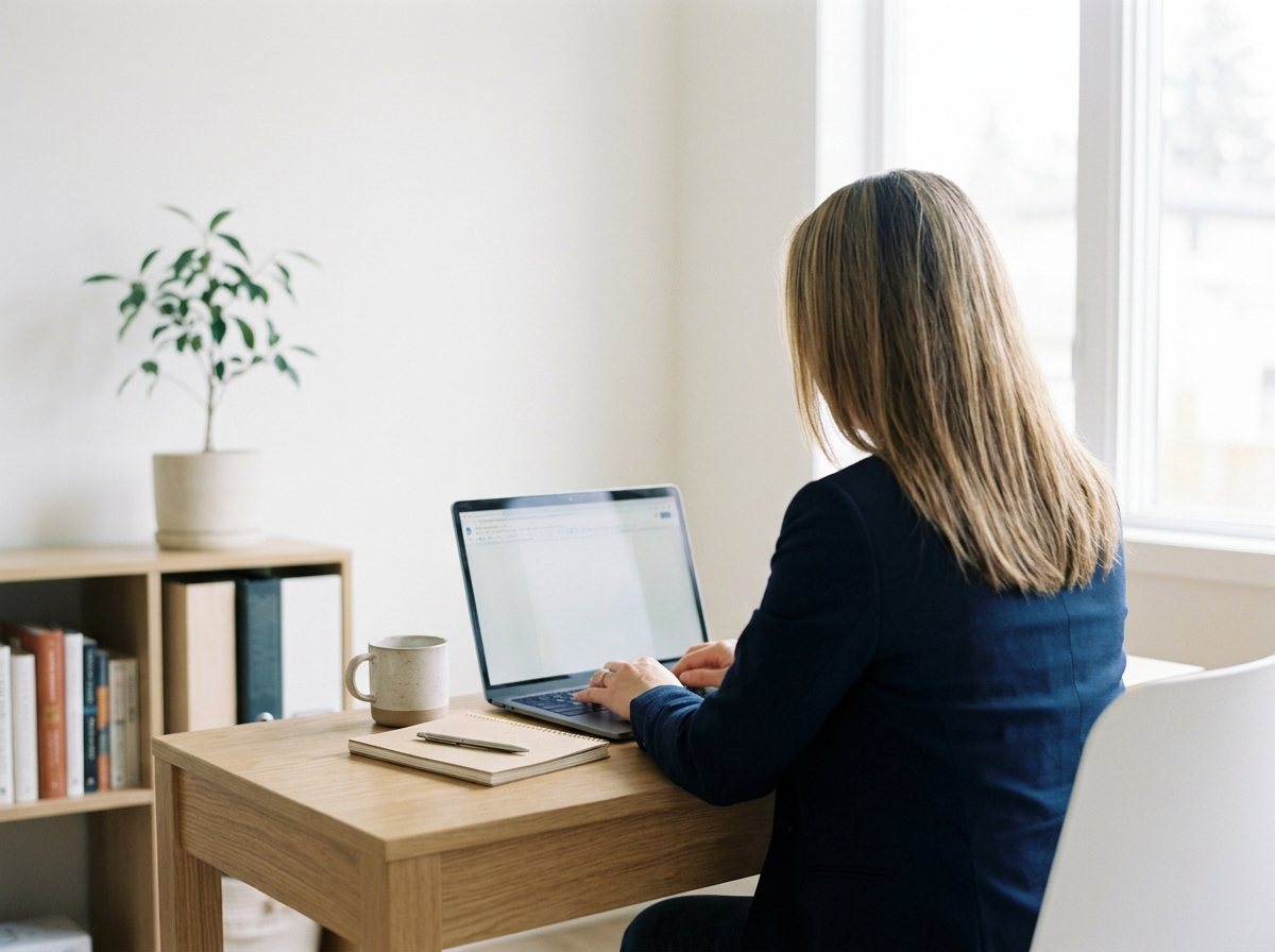 A woman with shoulder-length blonde hair working on a laptop at a wooden desk in a bright room, with a bookshelf and a potted plant in the background.