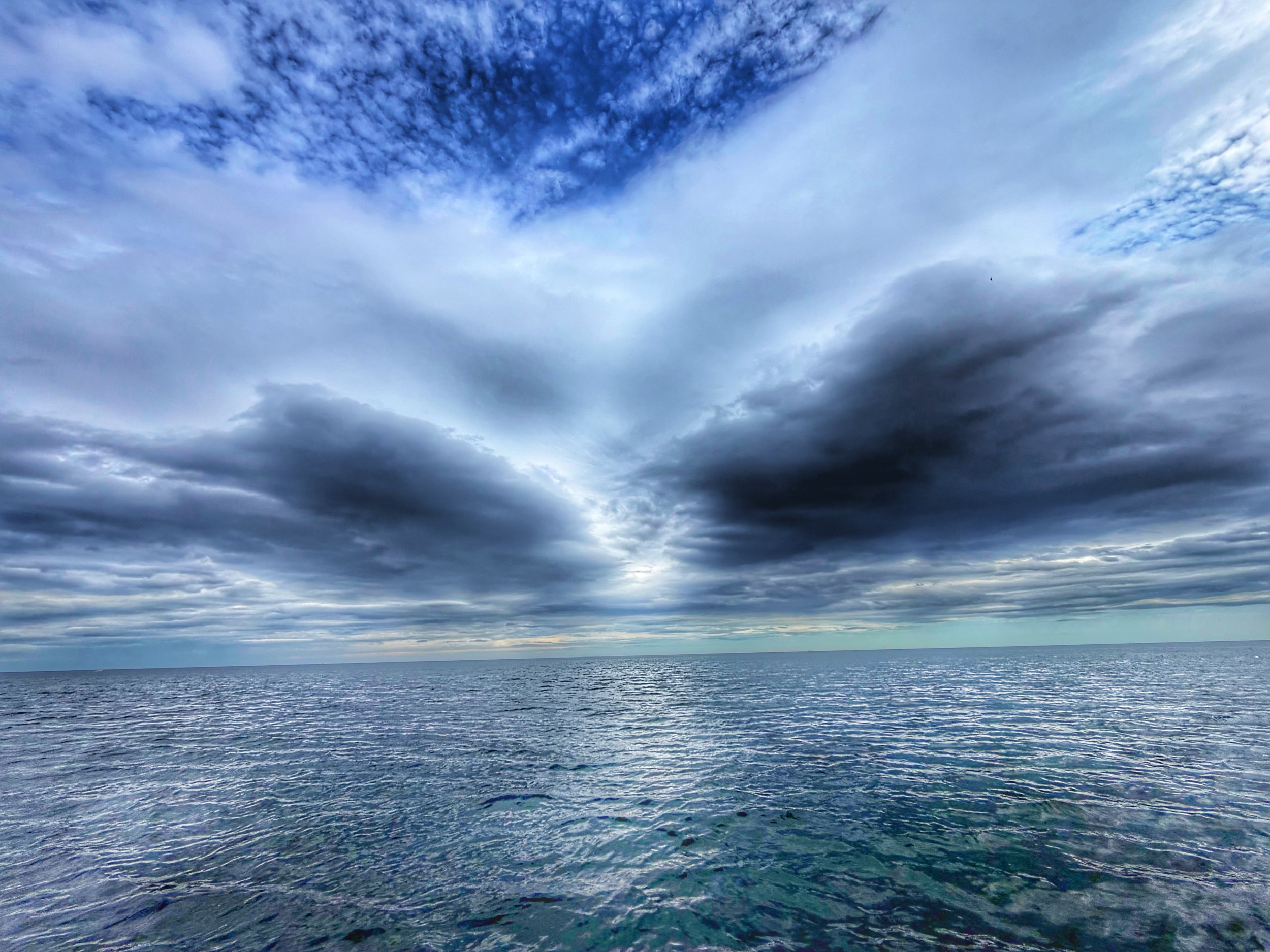 Overcast sky with dark clouds over the ocean, with a distant horizon and a small bird flying in the sky.