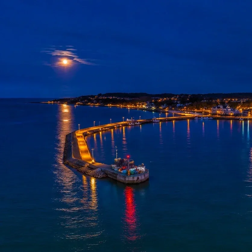 Nighttime view of a coastal town with a curved pier extending into the water, illuminated by streetlights. The moon is partially covered by clouds, casting a reflection on the water.