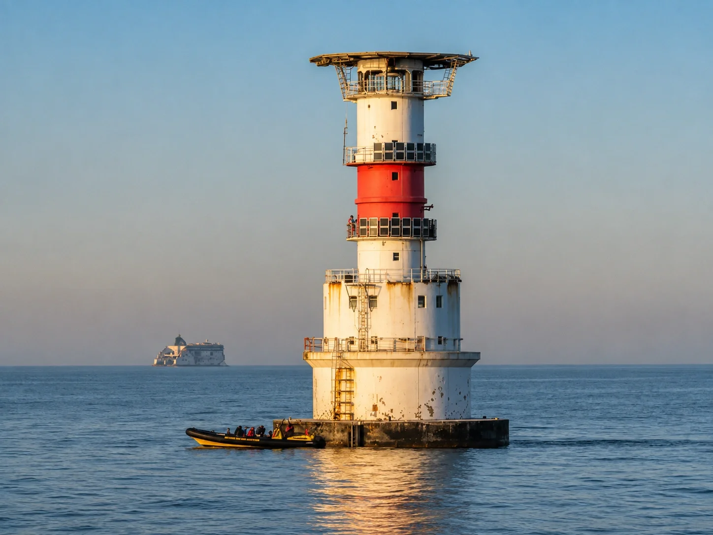The Kish lighthouse with a red and white exterior on the water, with a small boat nearby and an island in the background.