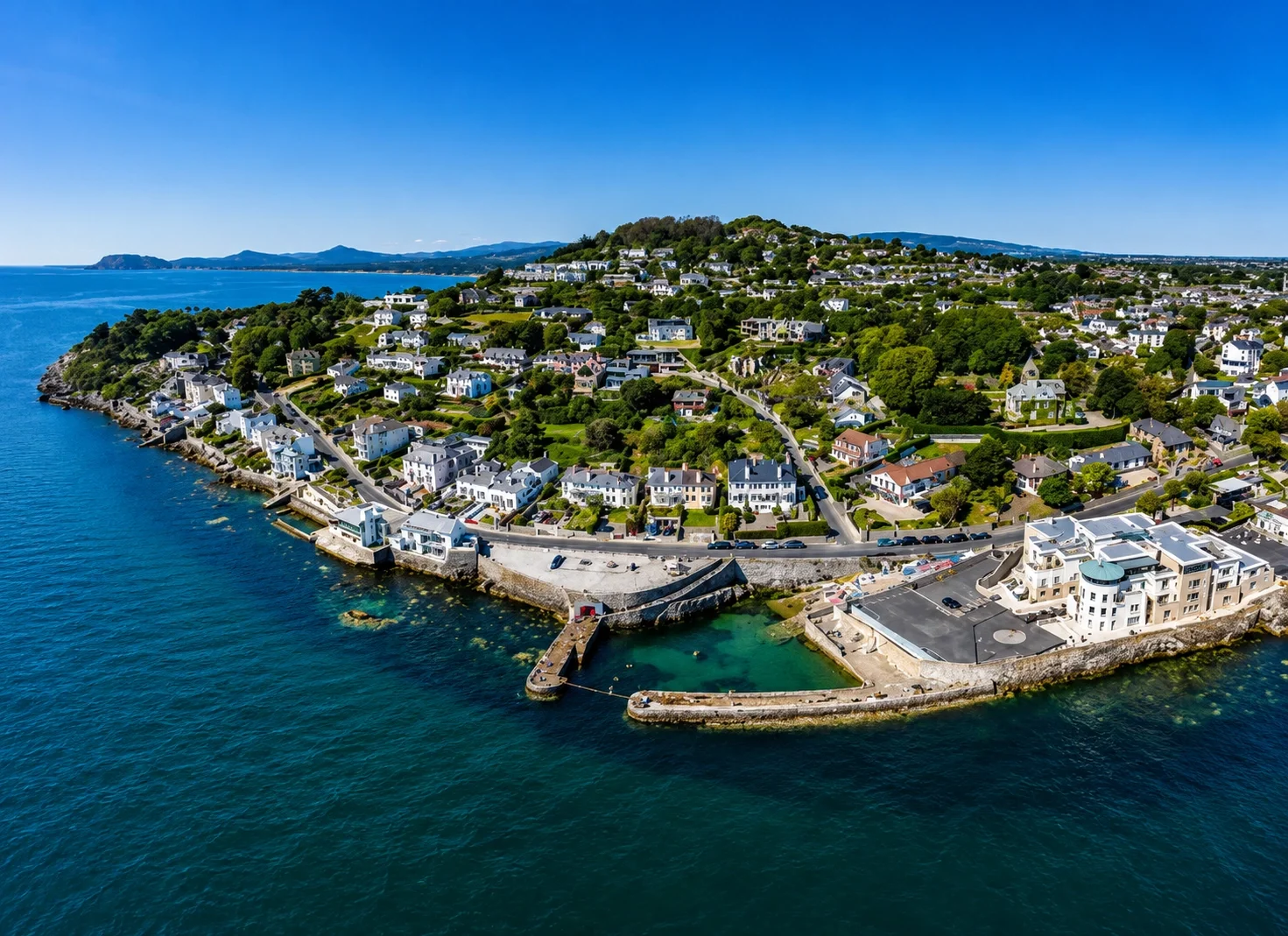 Aerial view of a coastal residential area with houses, greenery, and a harbor, next to the ocean under a clear blue sky.