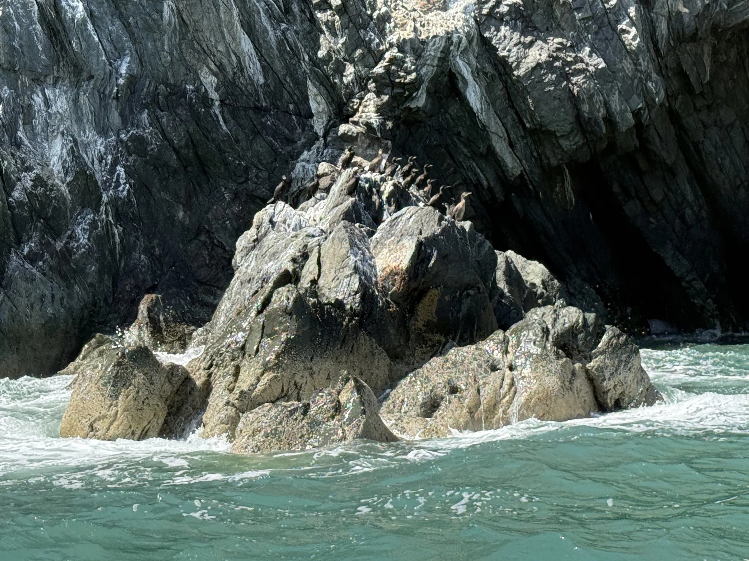 Rocky ocean coast with large dark rocks and turbulent water at the shore.