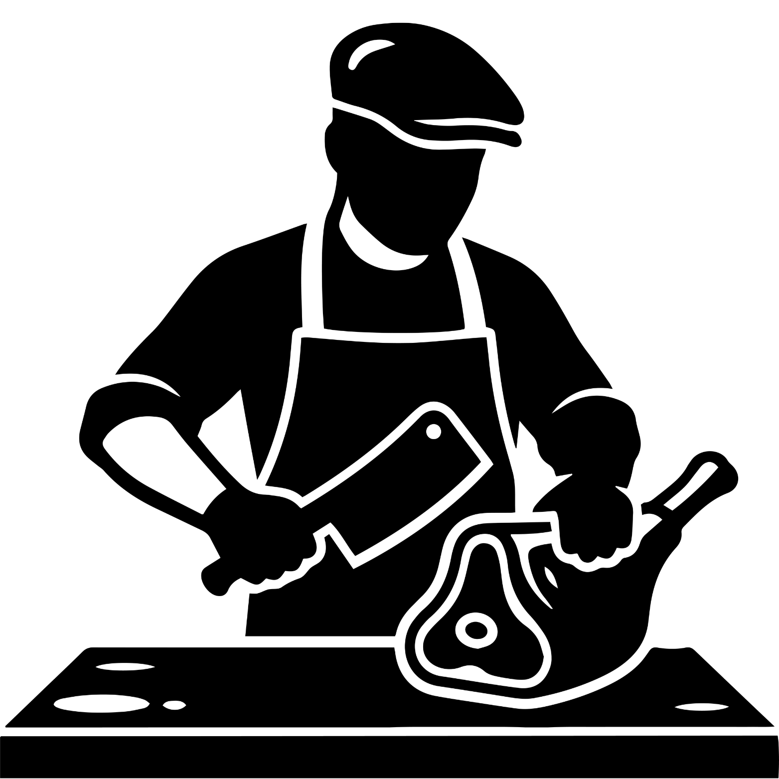 Silhouette d'une personne sans visage portant un casque et un tablier, en train de couper une pièce de viande avec un couteau, derrière une planche à découper.