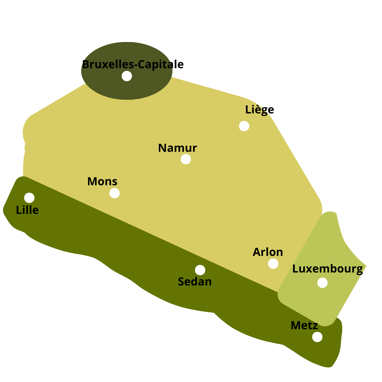 Carte de la Belgique avec les noms des villes : Bruxelles-Capitale, Liège, Namur, Arlon, Luxembourg, Metz, Sedan, Lille, Mons, et un logo d'un lapin blanc à côté de Metz.