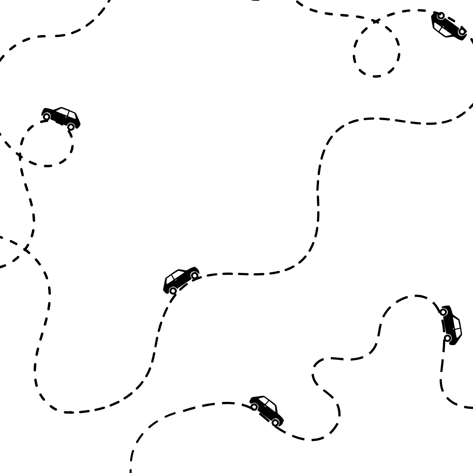 Un motif de voitures noires sur une route en tiret discontinu, formant des courbes et des boucles sur fond blanc.