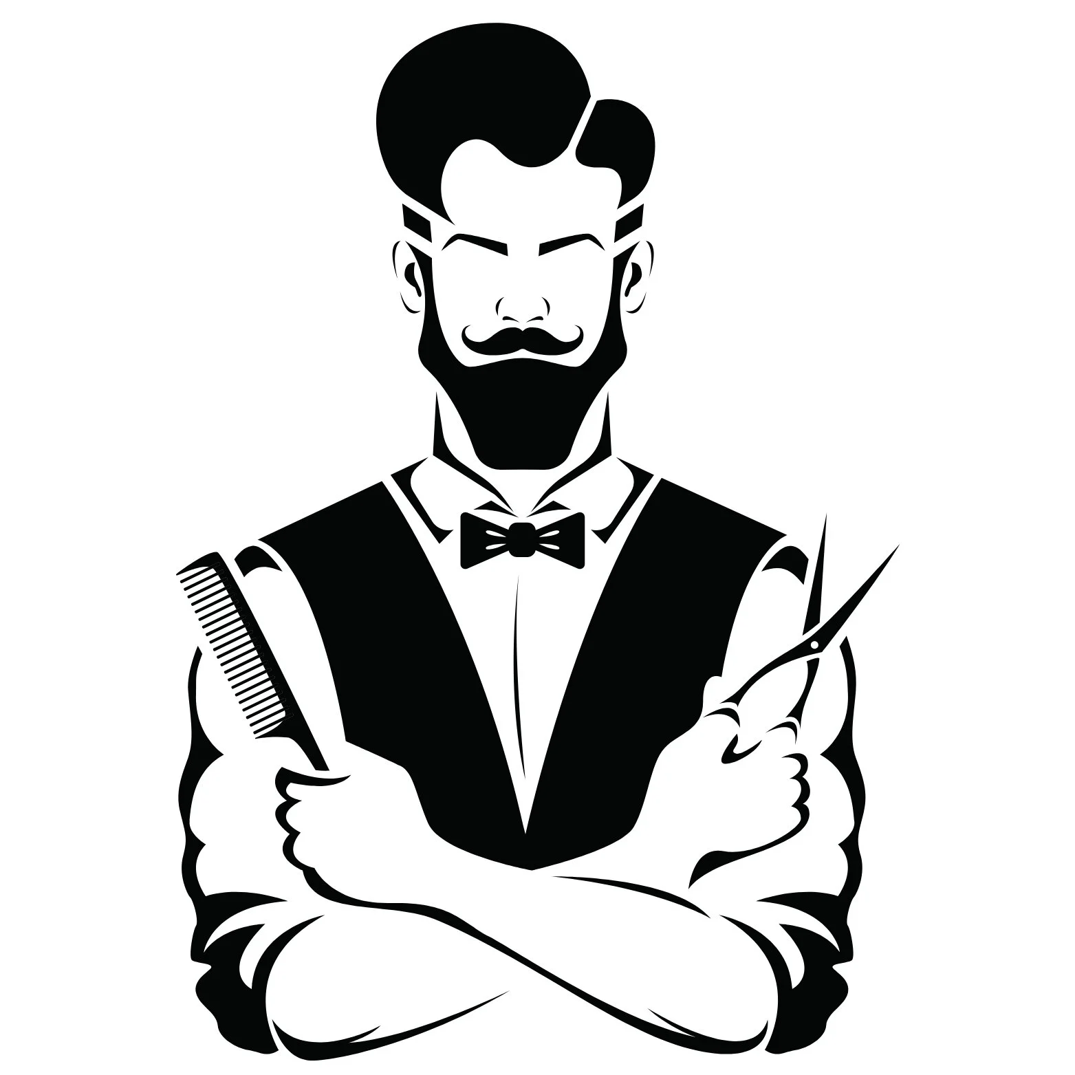 Illustration en noir et blanc d'un coiffeur barbu portant un costume avec un nœud papillon, tenant des ciseaux dans une main et un peigne dans l'autre.