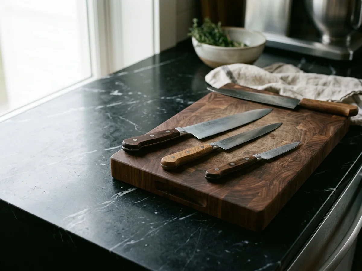 Couteaux de cuisine posés sur une planche à découper en bois sur un comptoir noir, avec un bol de salade en arrière-plan