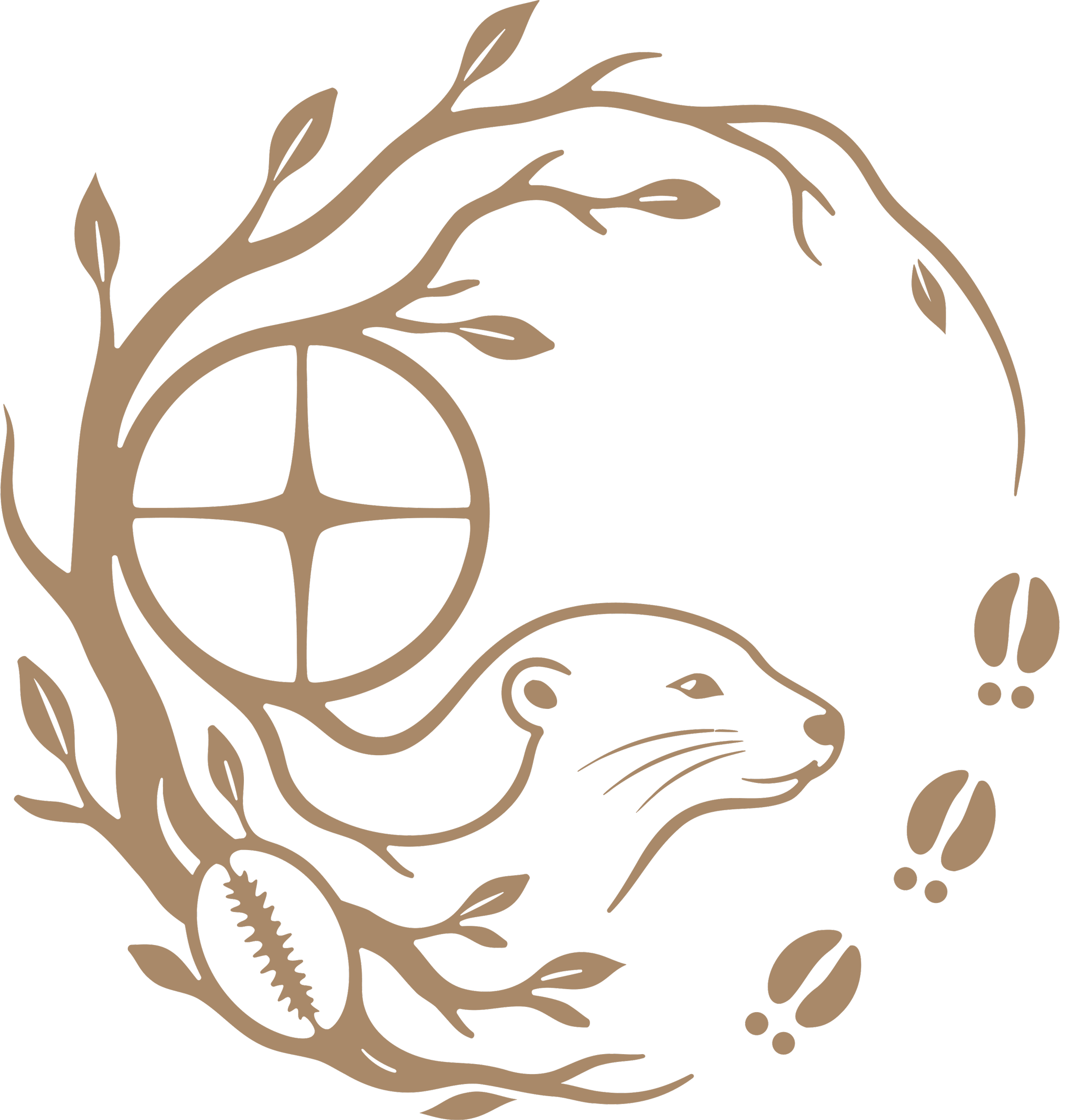Illustrated otter holding a Miigis shell, a cultural brand element for Miigis Management Consulting. Caribou, medicine wheel and woodland-inspired branches with animal tracks, representing land, culture and interconnectedness.