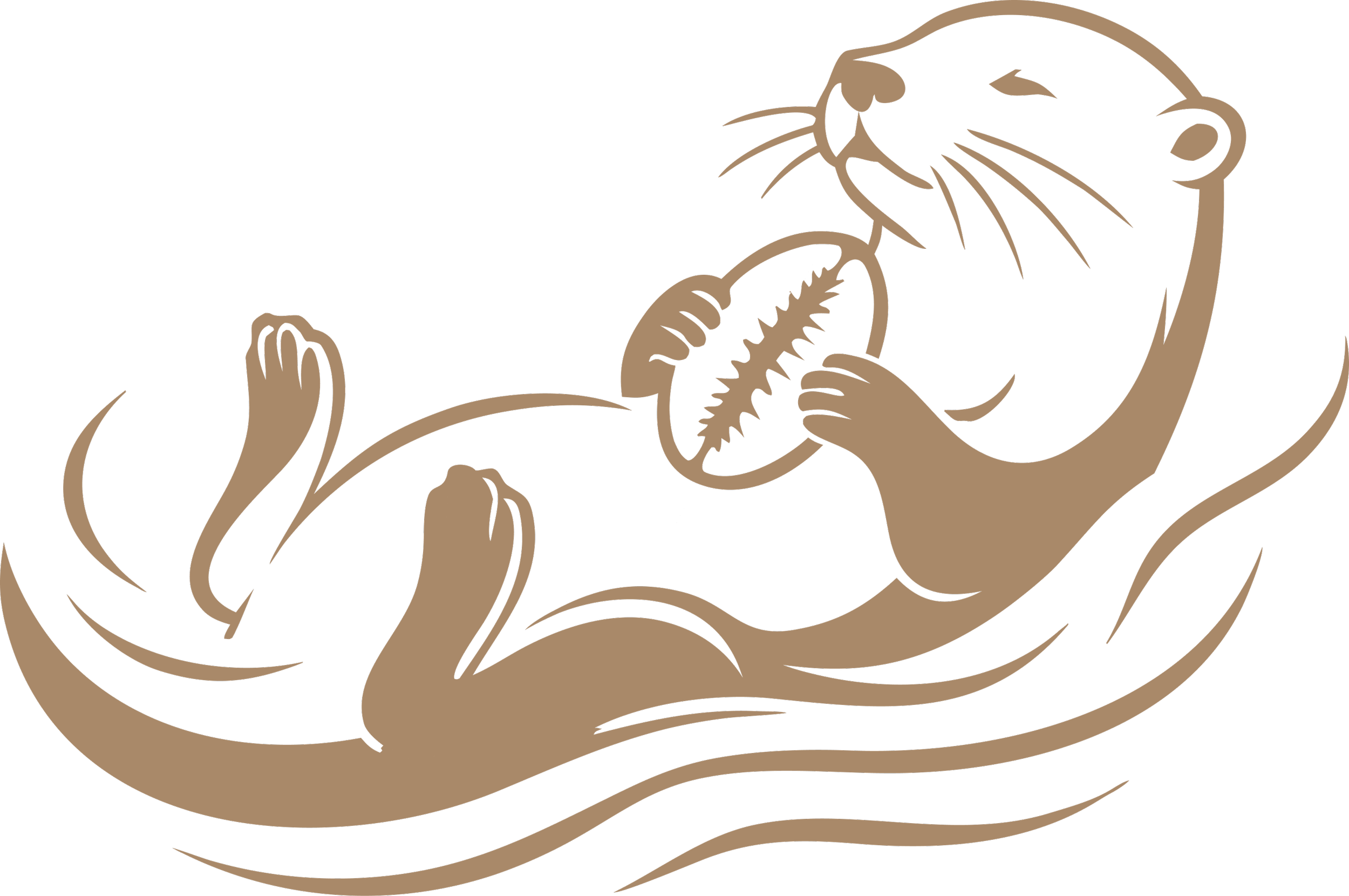 Anishinaabe-inspired otter holding a Miigis shell above flowing water, representing connection, teachings and cultural identity.