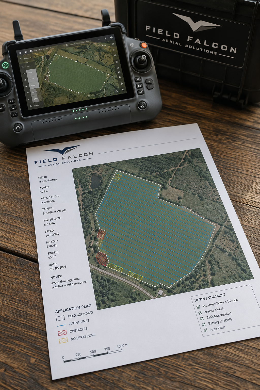 A drone flight plan for a field labeled North Pasture, showing application details for broadleaf weeds, with a map on a printed sheet and a drone controller displaying the same field map.