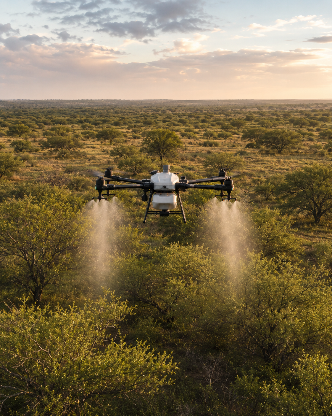 A drone flying over a grassy savannah landscape at sunset, spraying fields below.