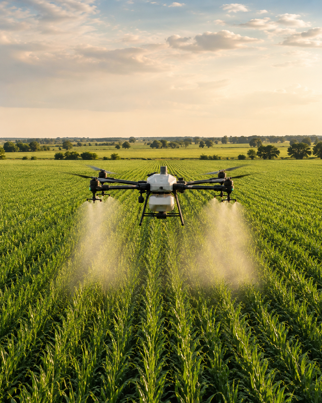 An agricultural drone flying over green cornfield during the daytime, spraying pesticide or fertilizer, with a sky filled with clouds and trees in the background.