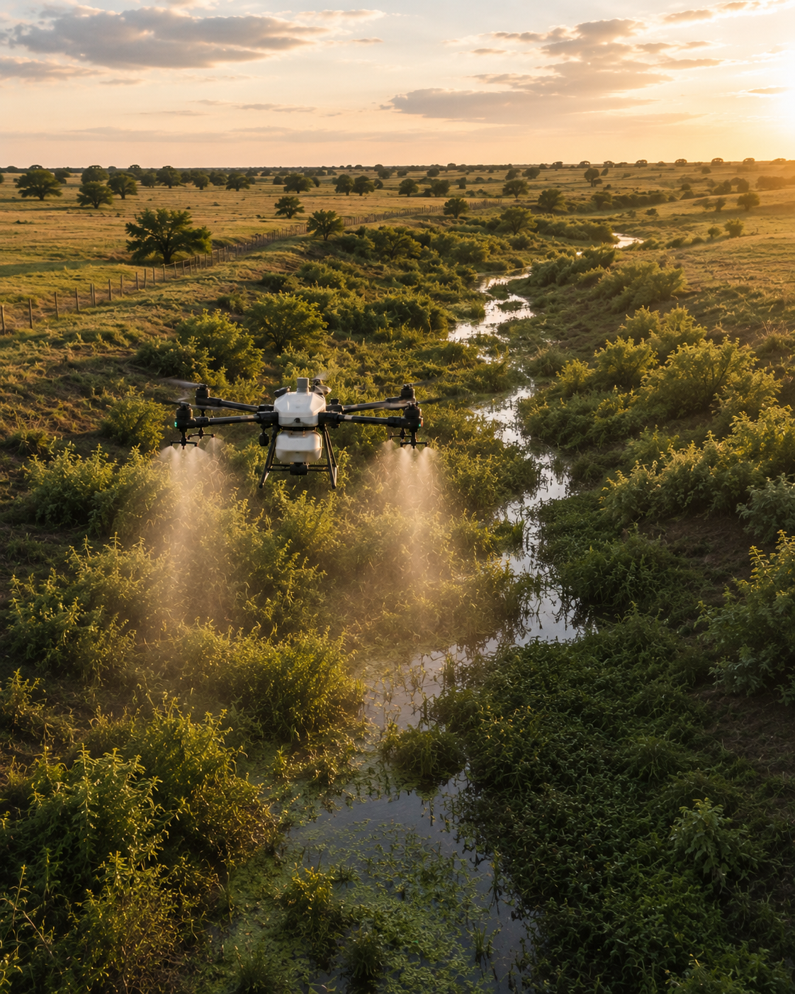 A drone flying over a green field with water, spraying liquid/plants at sunset or sunrise in the countryside.