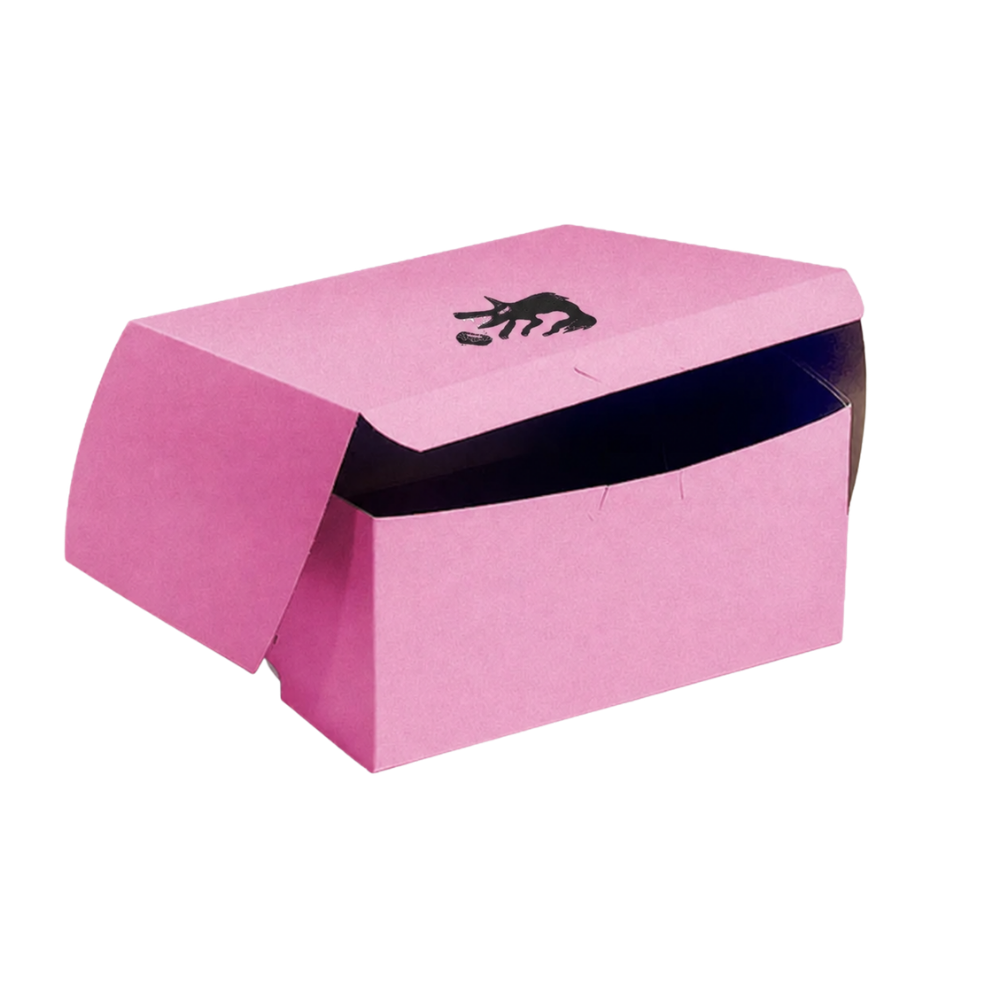 Pink jewelry box with an opening lid and a black scorpion logo on top.