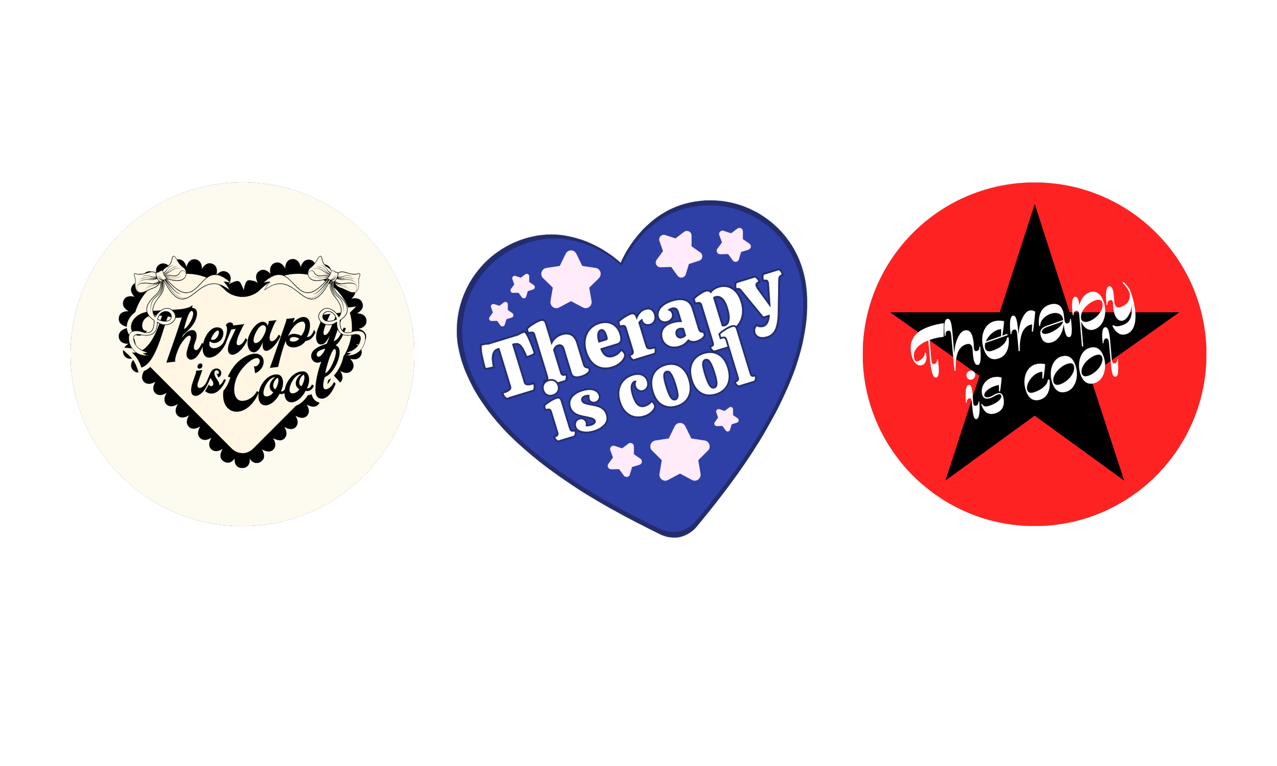 Set of three circular stickers with the message 'Therapy is cool,' each with distinct colors and designs.